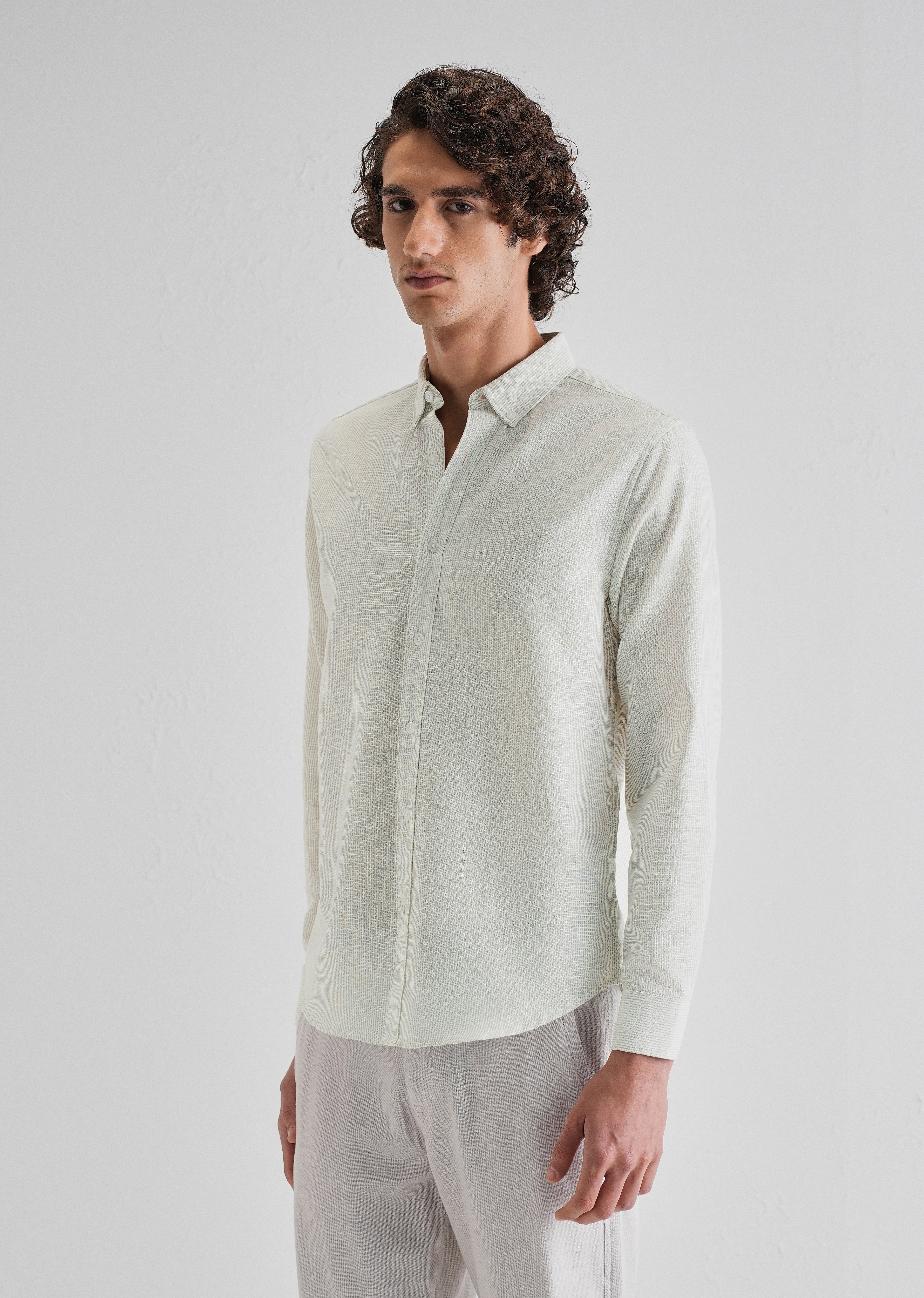 Green Micro Striped Blended Linen Shirt - Image 5