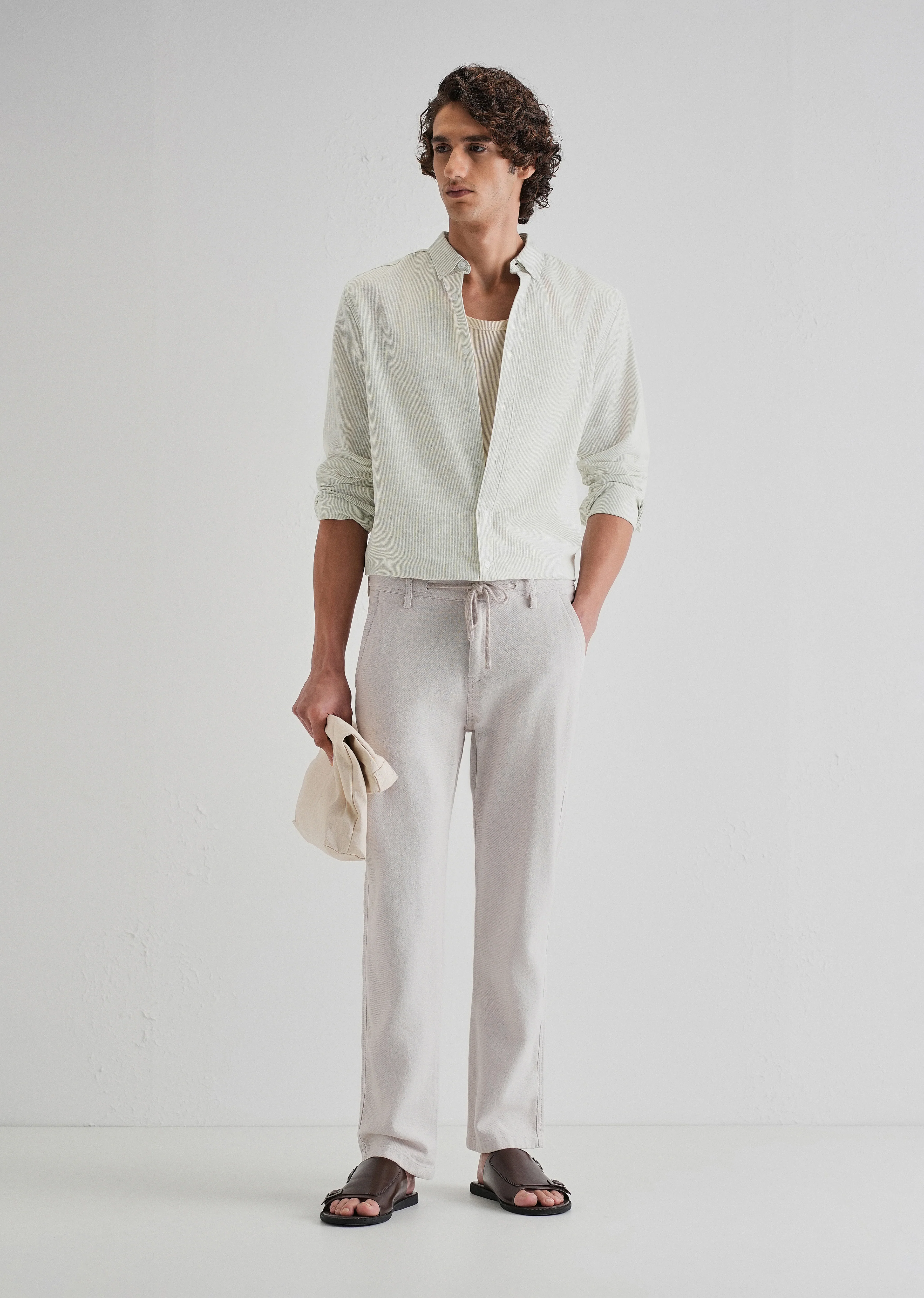 Green Micro Striped Blended Linen Shirt - Image 6