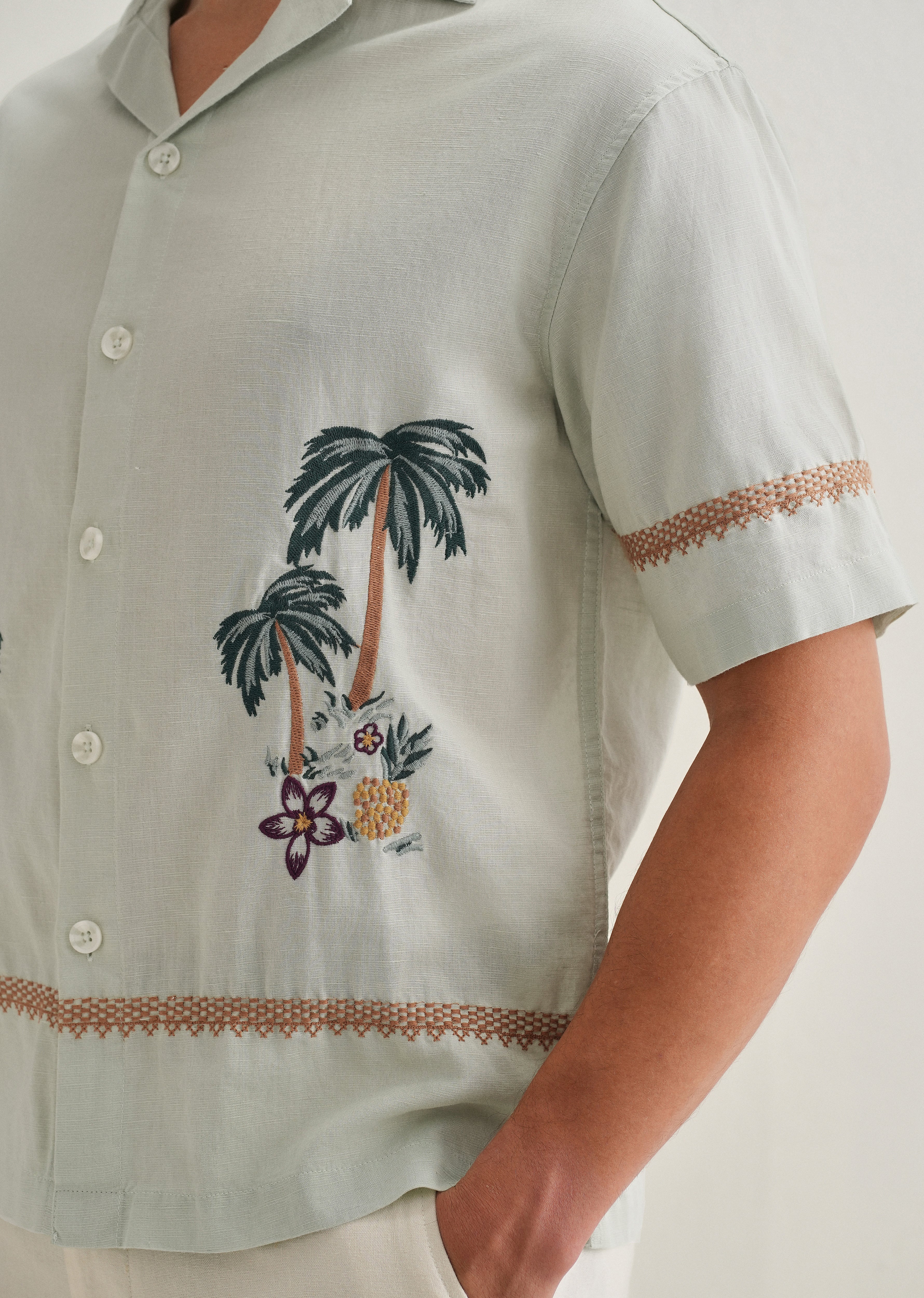 Green Palm Embroidered Cuban Collar Shirt - Image 2