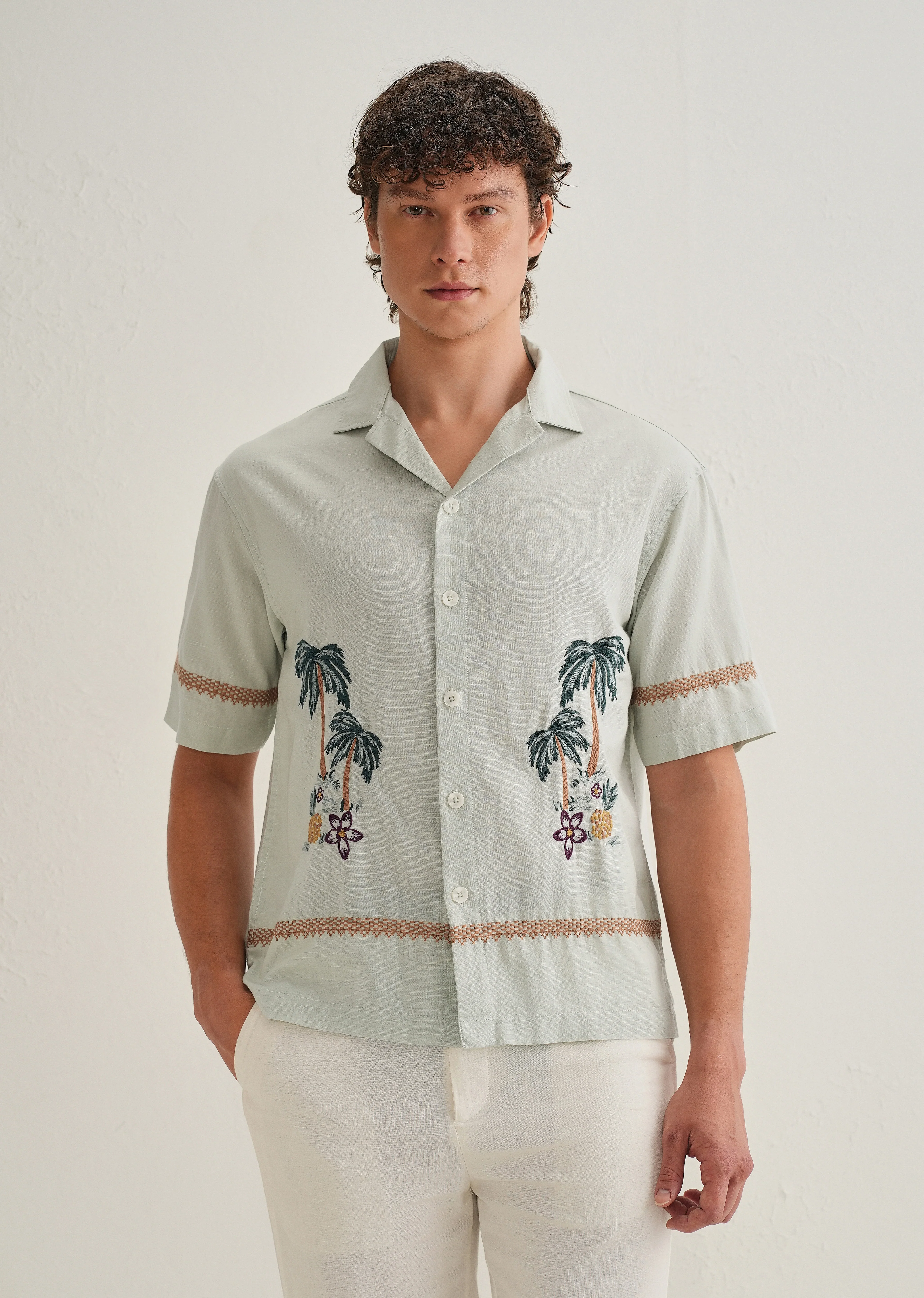 Green Palm Embroidered Cuban Collar Shirt - Image 3