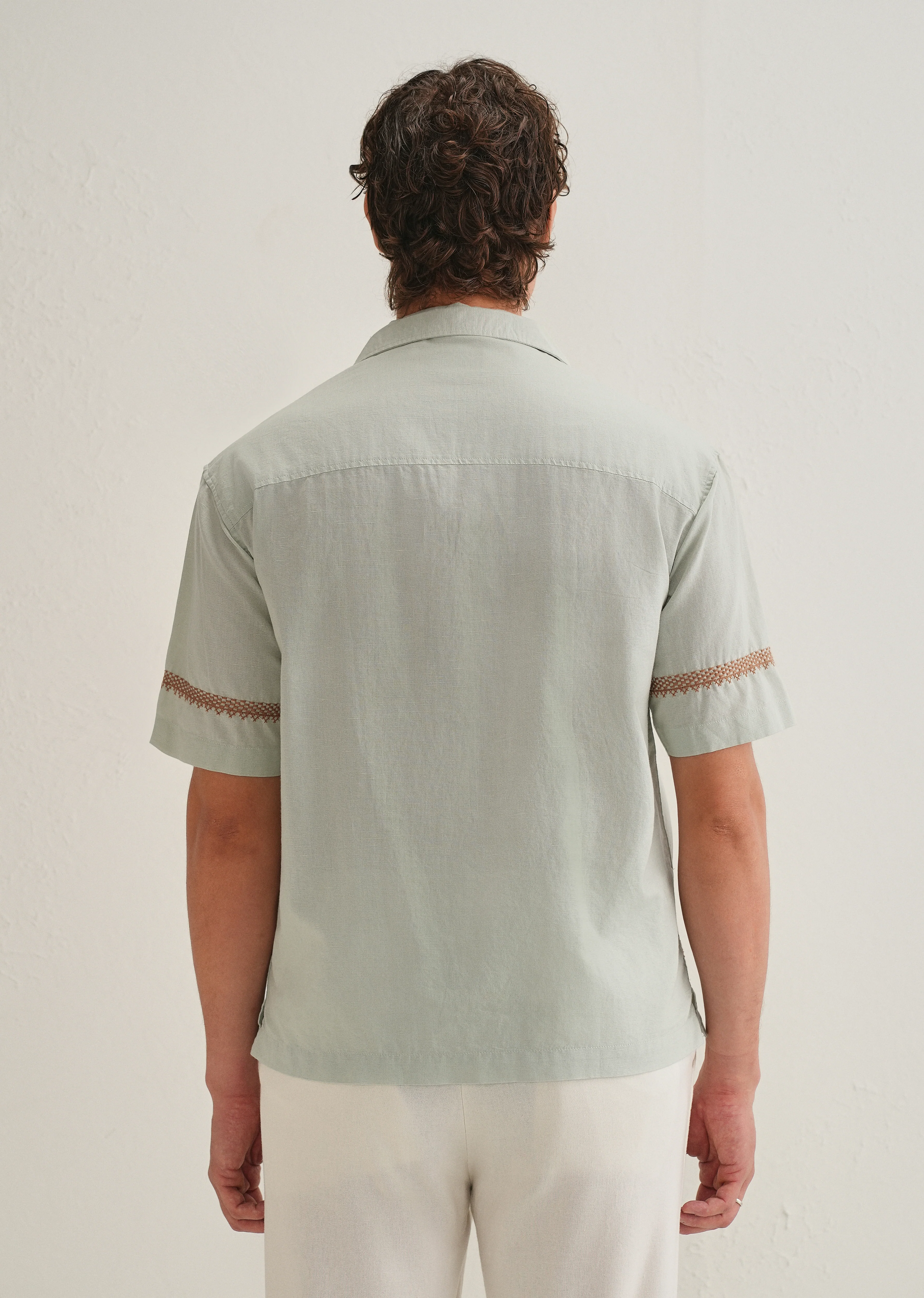 Green Palm Embroidered Cuban Collar Shirt - Image 4