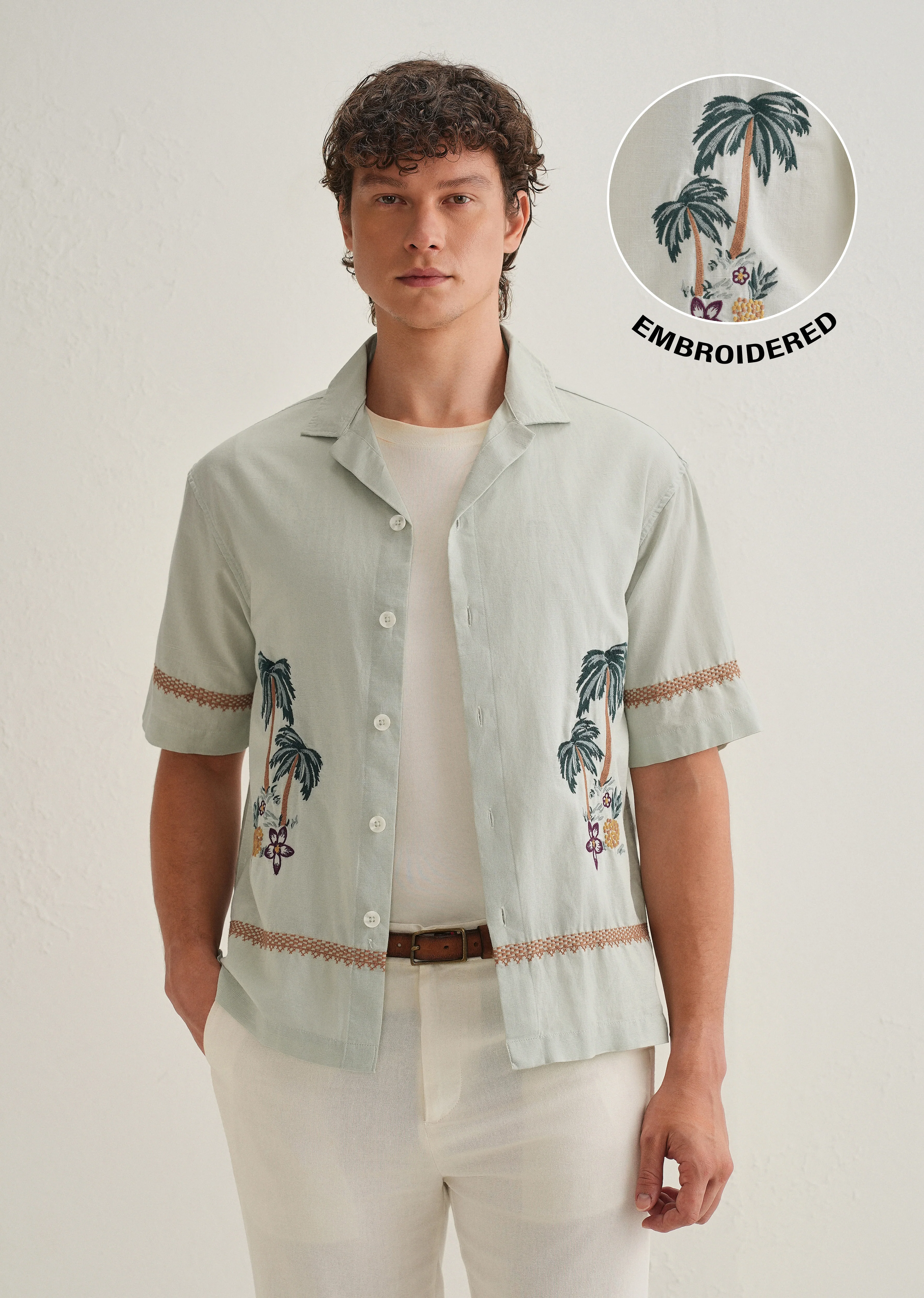 Green Palm Embroidered Cuban Collar Shirt - Image 7