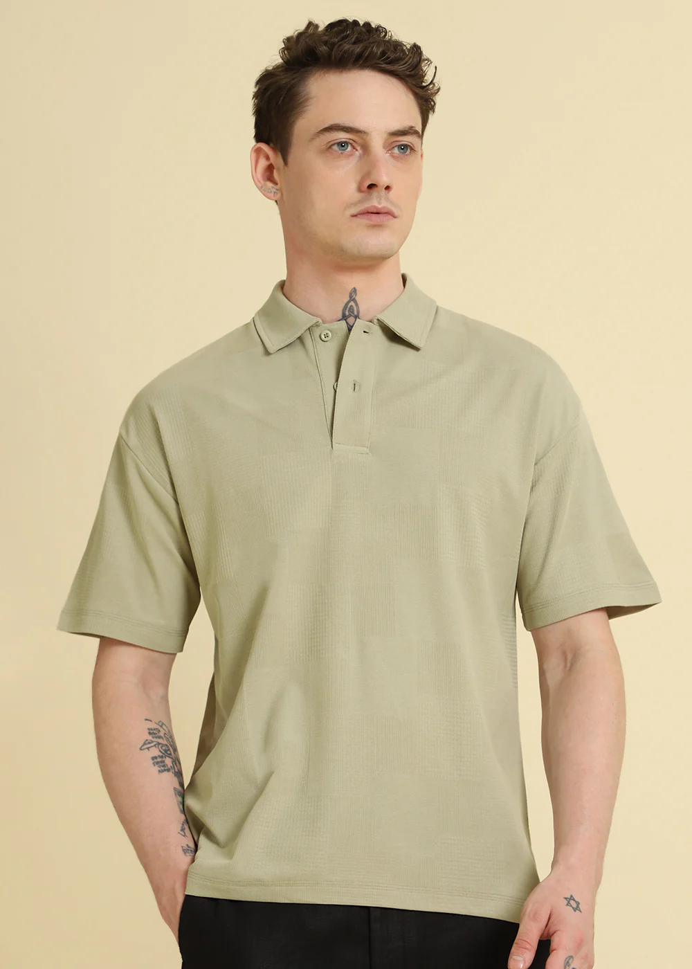Green Patterned Drop Shoulder Polo T-shirt - Image 3