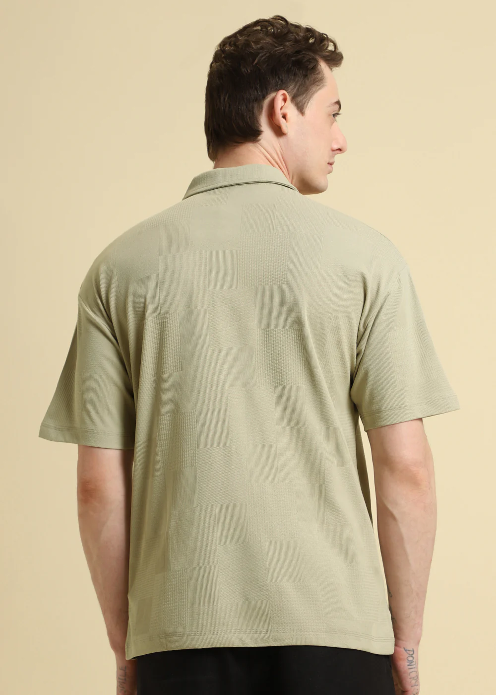 Green Patterned Drop Shoulder Polo T-shirt - Image 4