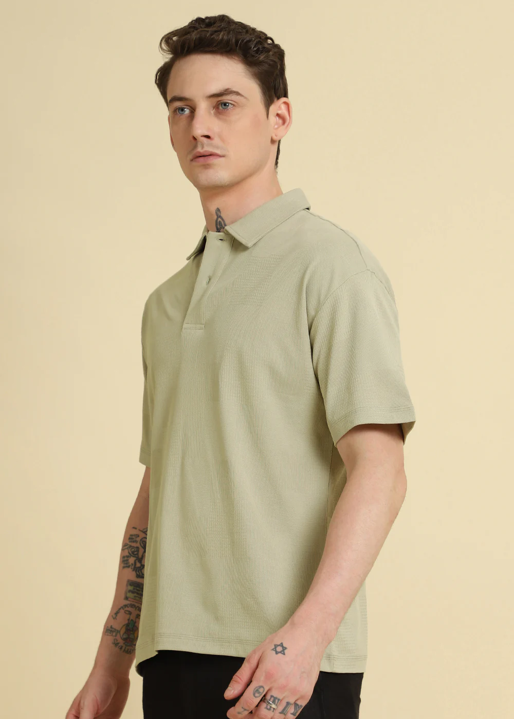 Green Patterned Drop Shoulder Polo T-shirt - Image 5