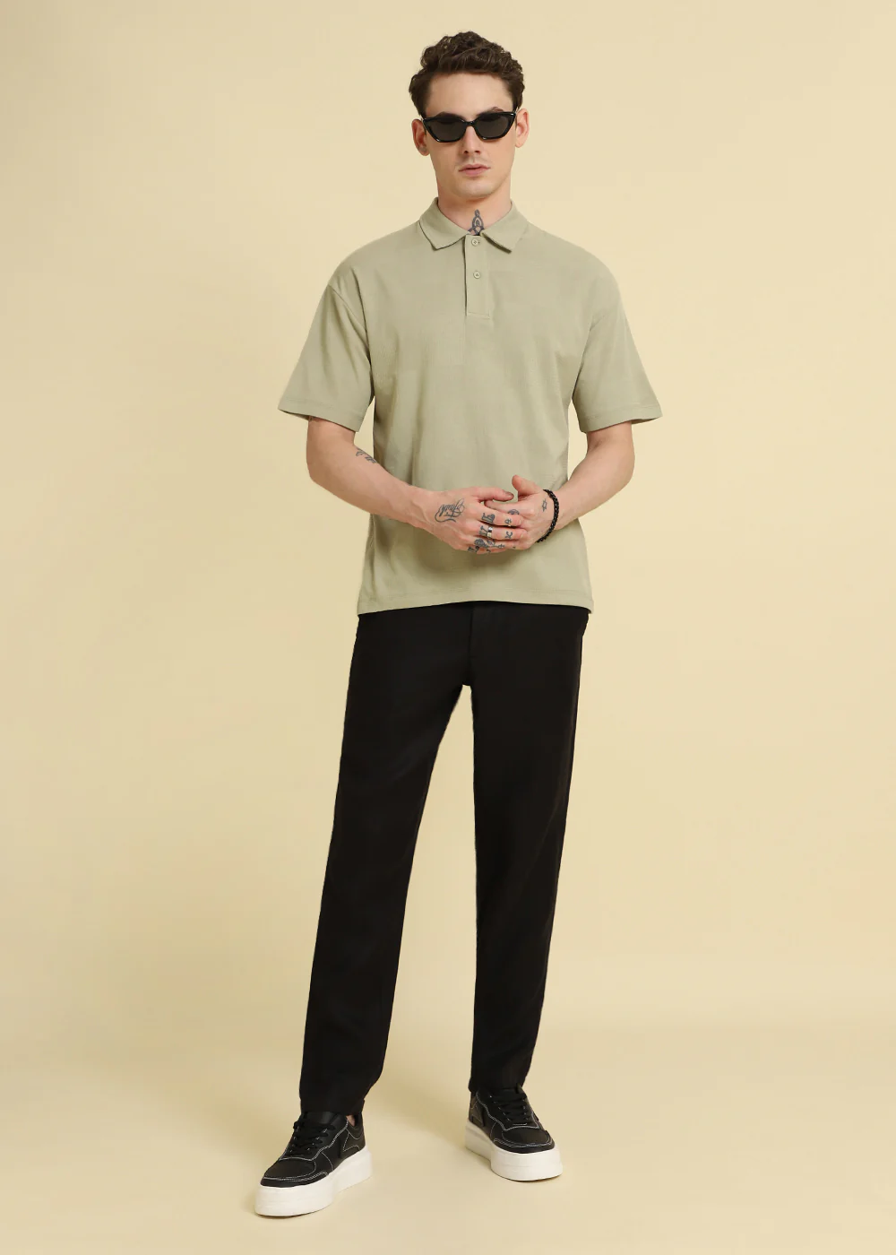 Green Patterned Drop Shoulder Polo T-shirt - Image 6