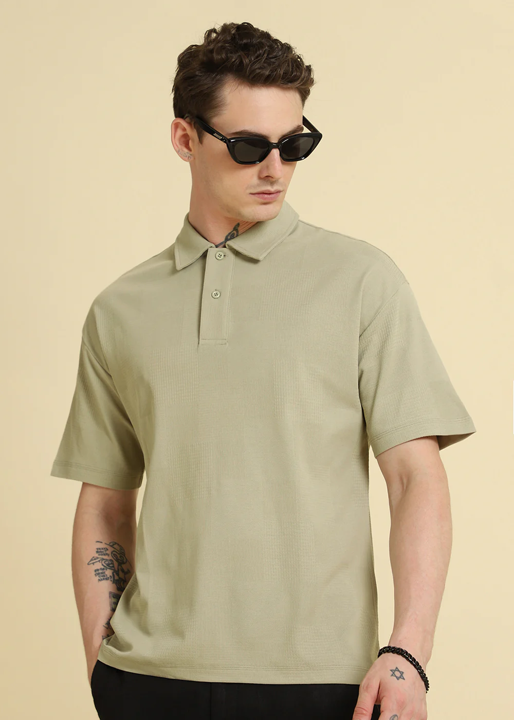 Green Patterned Drop Shoulder Polo T-shirt - Image 7
