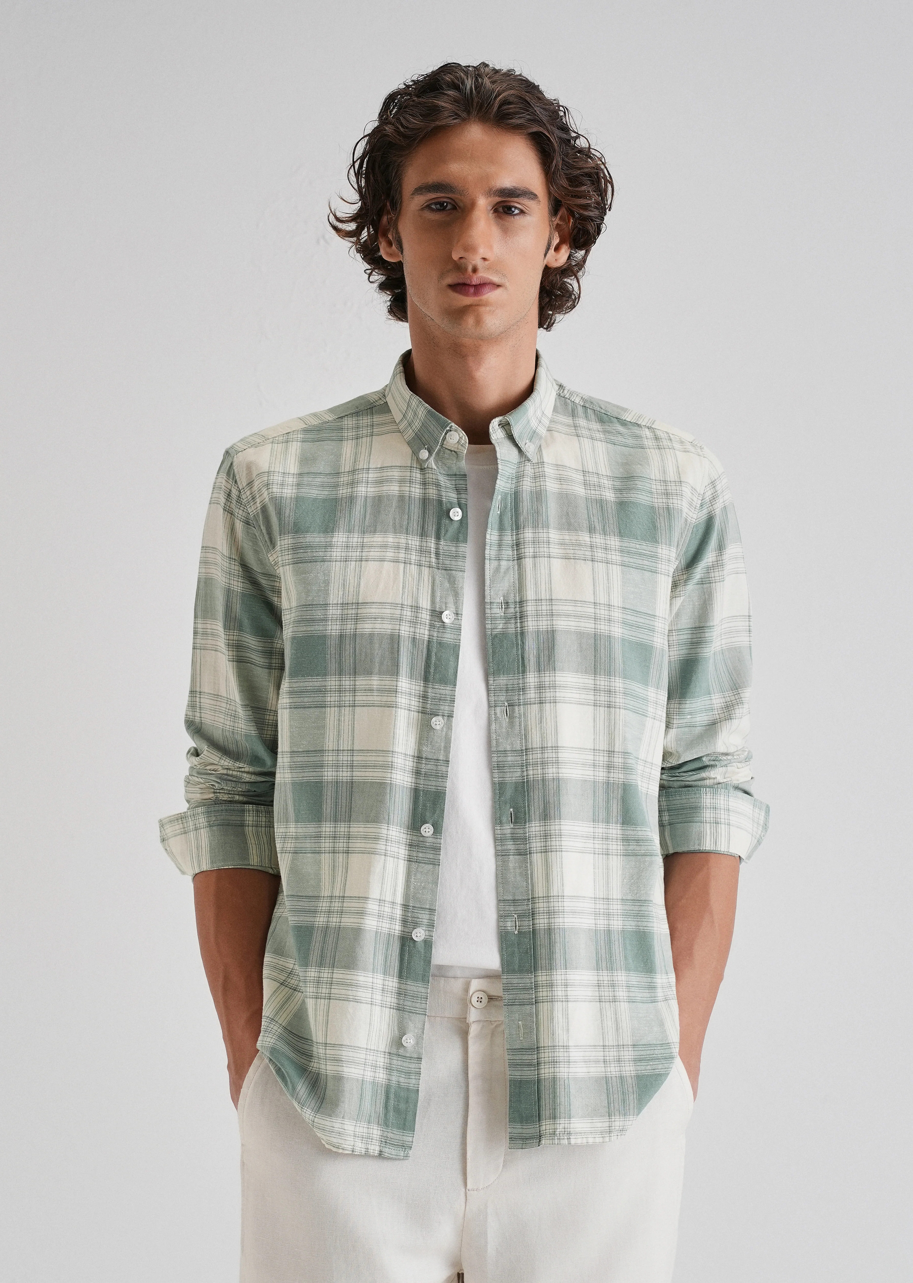 Green Plaid Checked Cotton Linen Shirt - Image 3