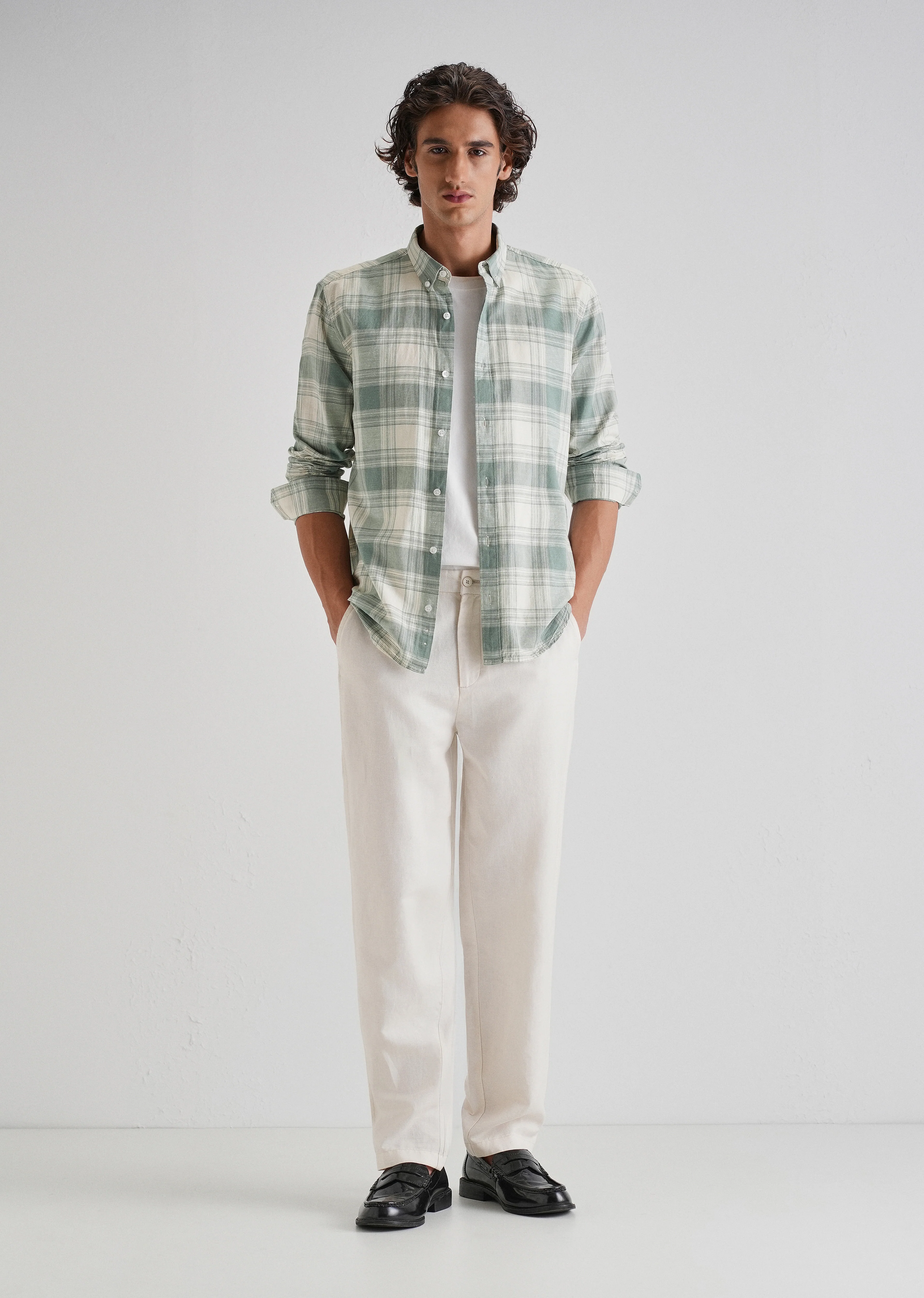 Green Plaid Checked Cotton Linen Shirt - Image 6