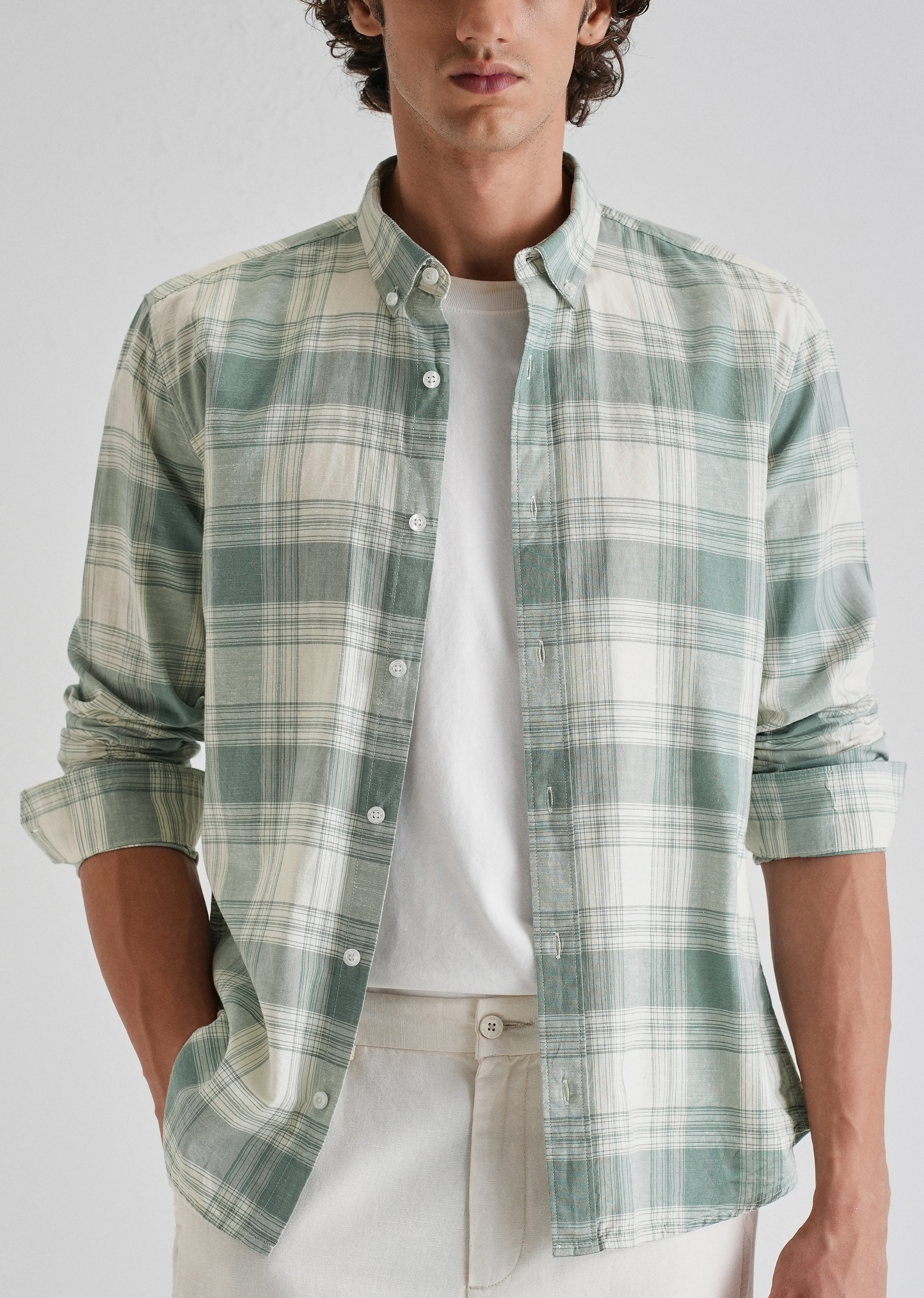 Green Plaid Checked Cotton Linen Shirt - Image 7