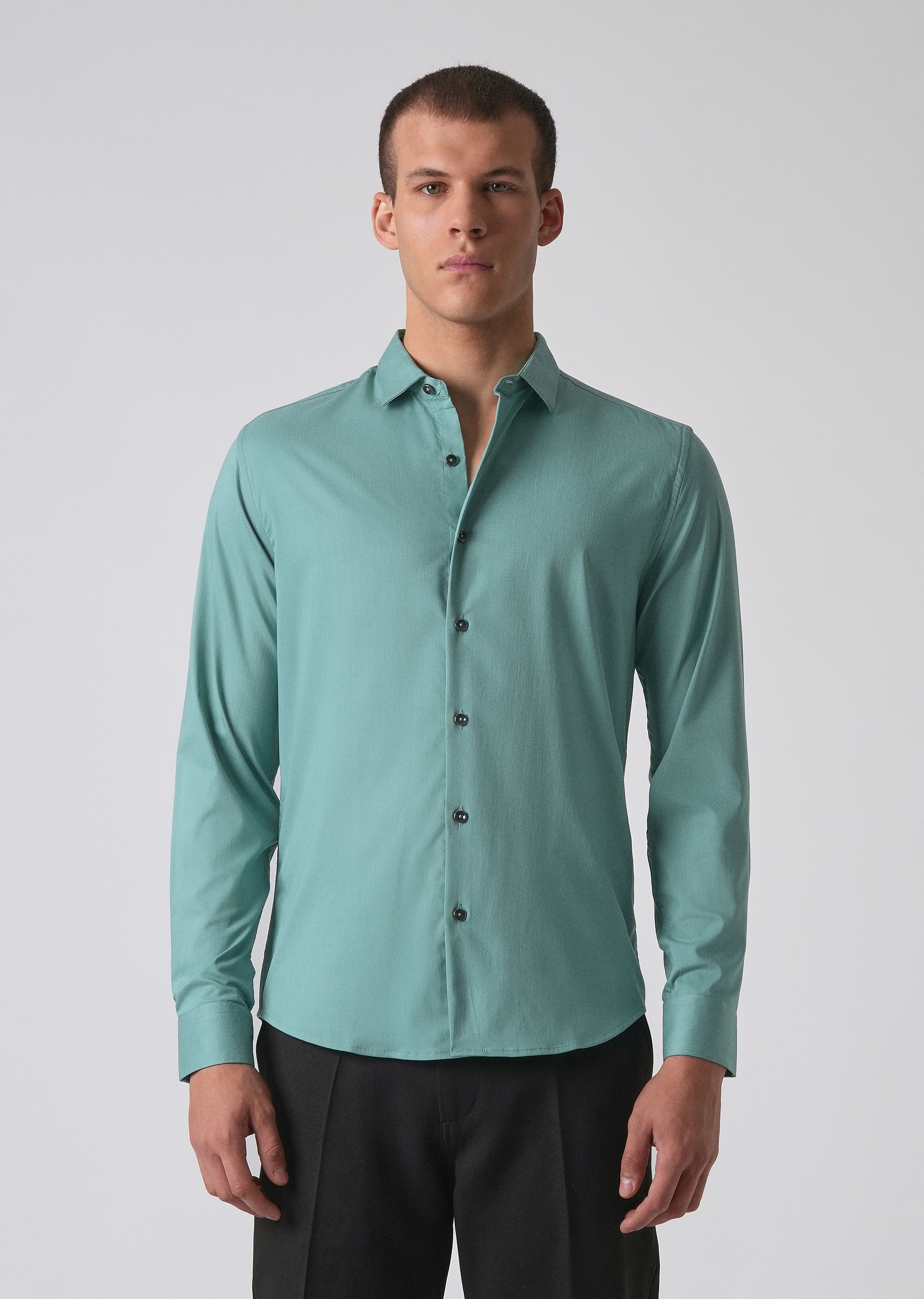 Green Plain Cotton Stretch Shirt - Image 3