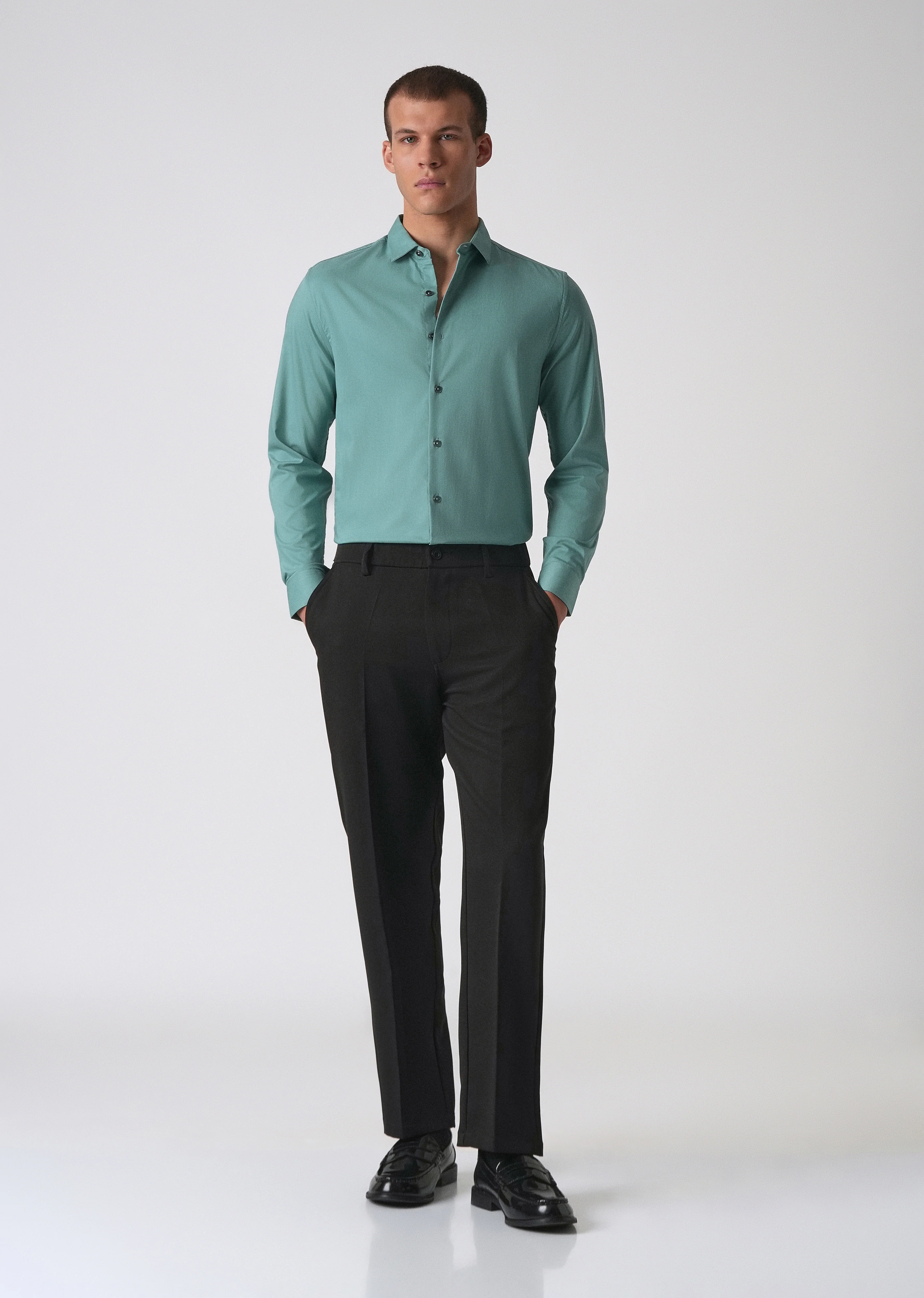 Green Plain Cotton Stretch Shirt - Image 6