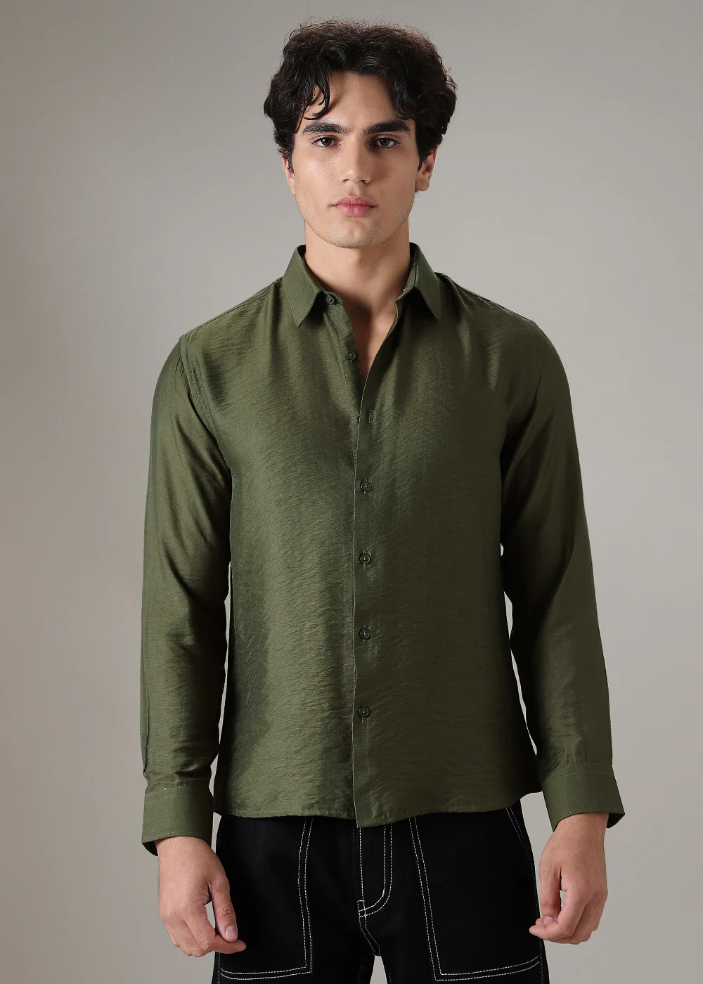 Green Plain Crushed Satin Shirt - Image 3