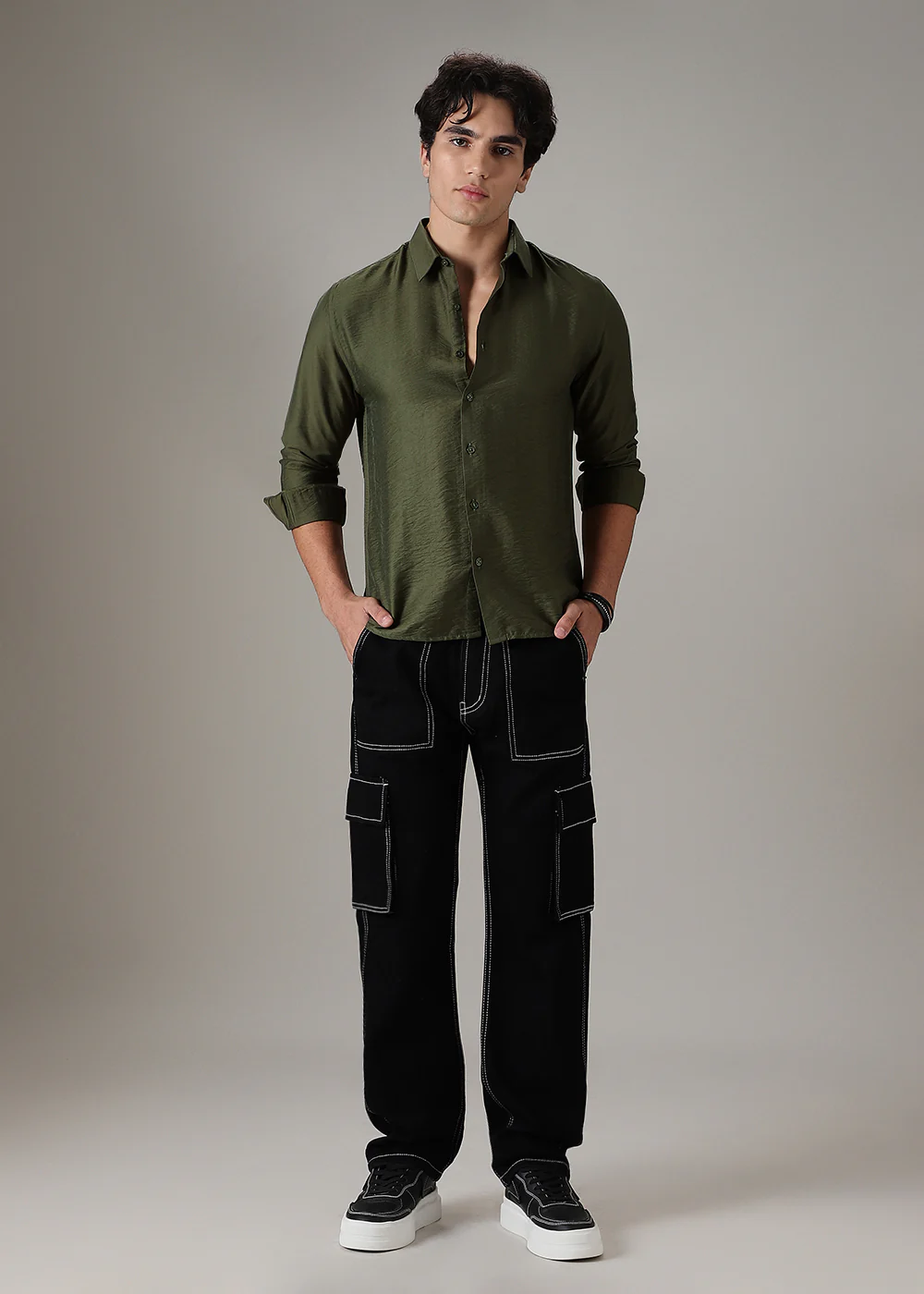 Green Plain Crushed Satin Shirt - Image 6
