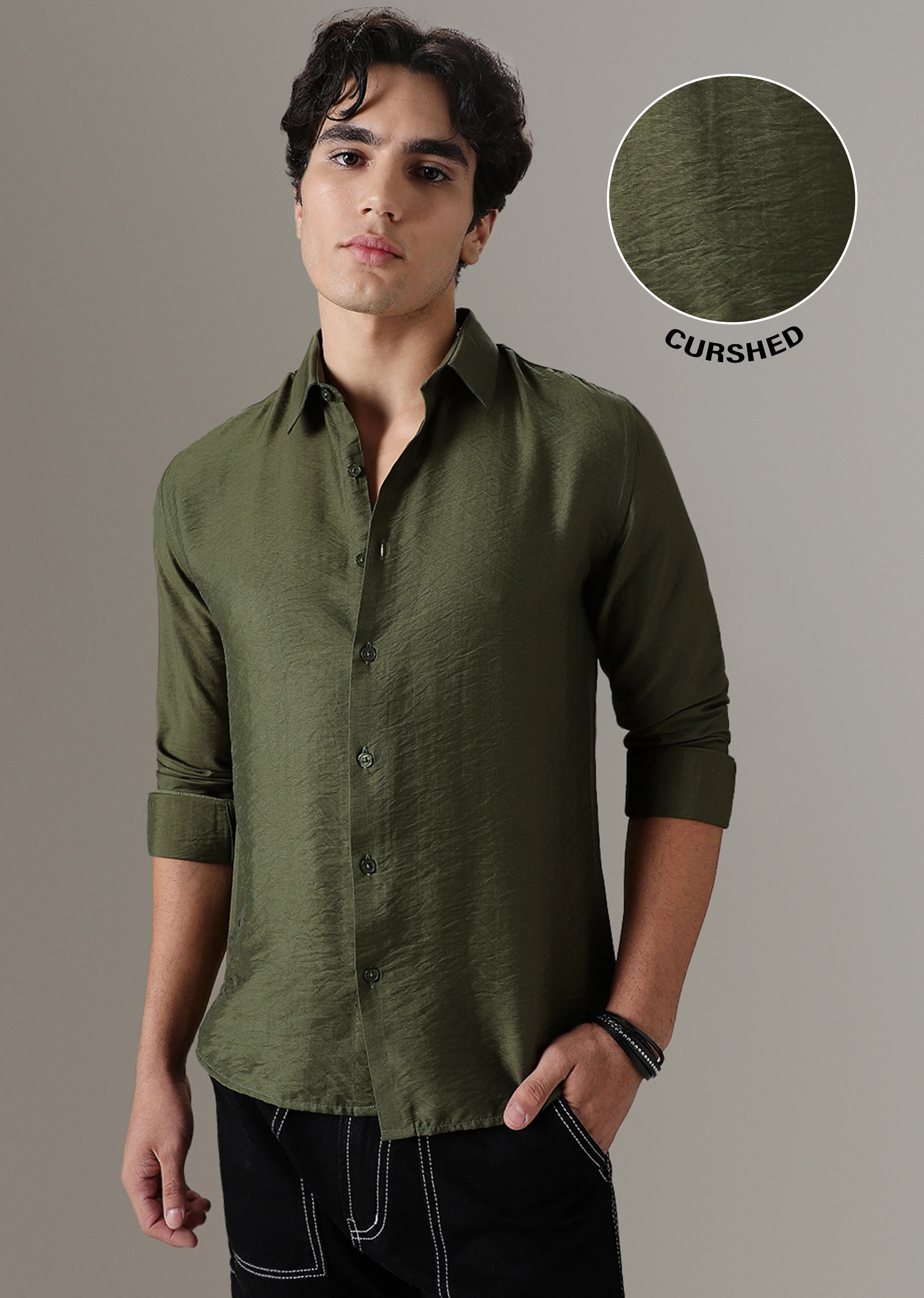 Green Plain Crushed Satin Shirt - Image 7