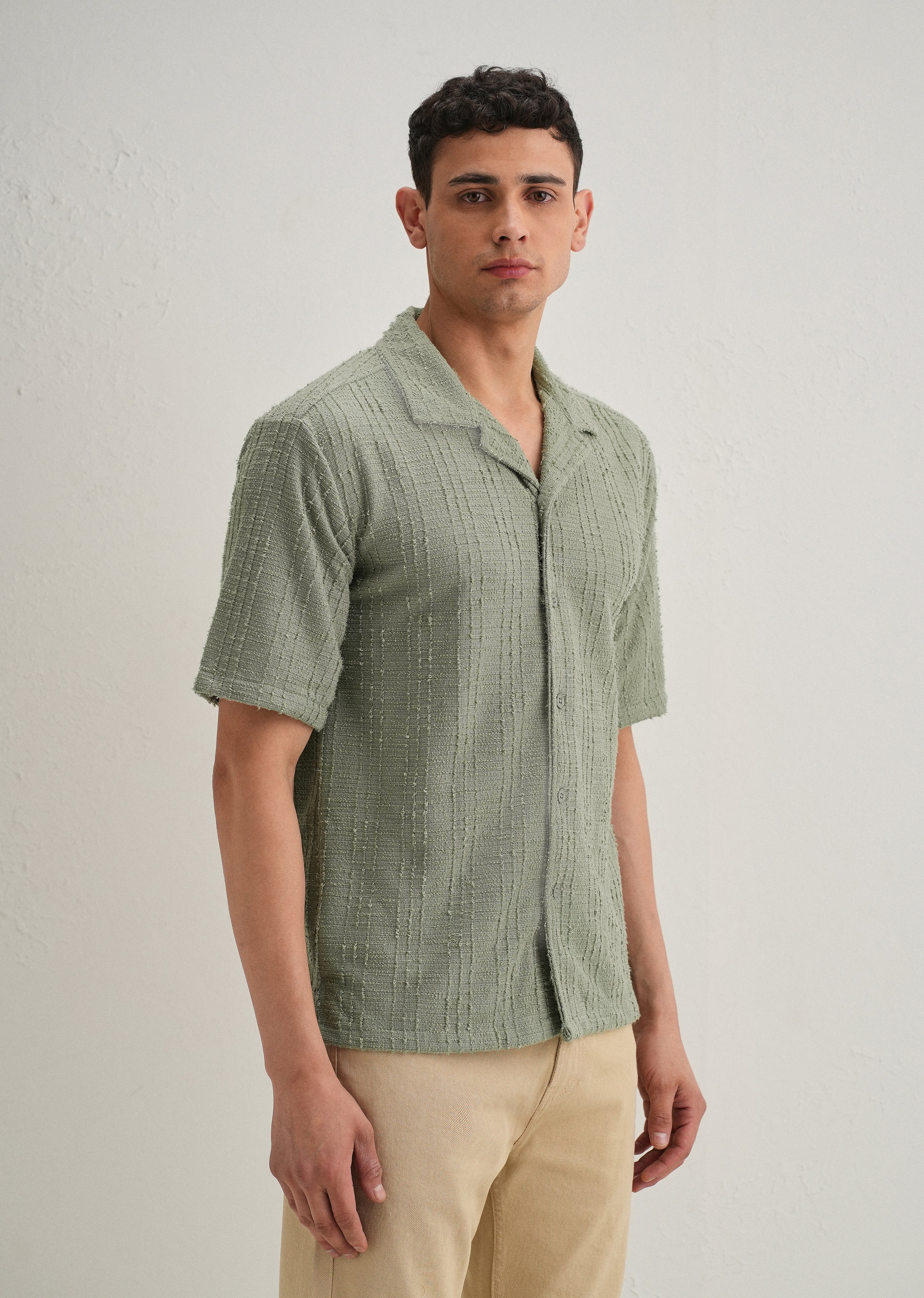 Green Plain Cuban Collar Knitted Shirt - Image 4