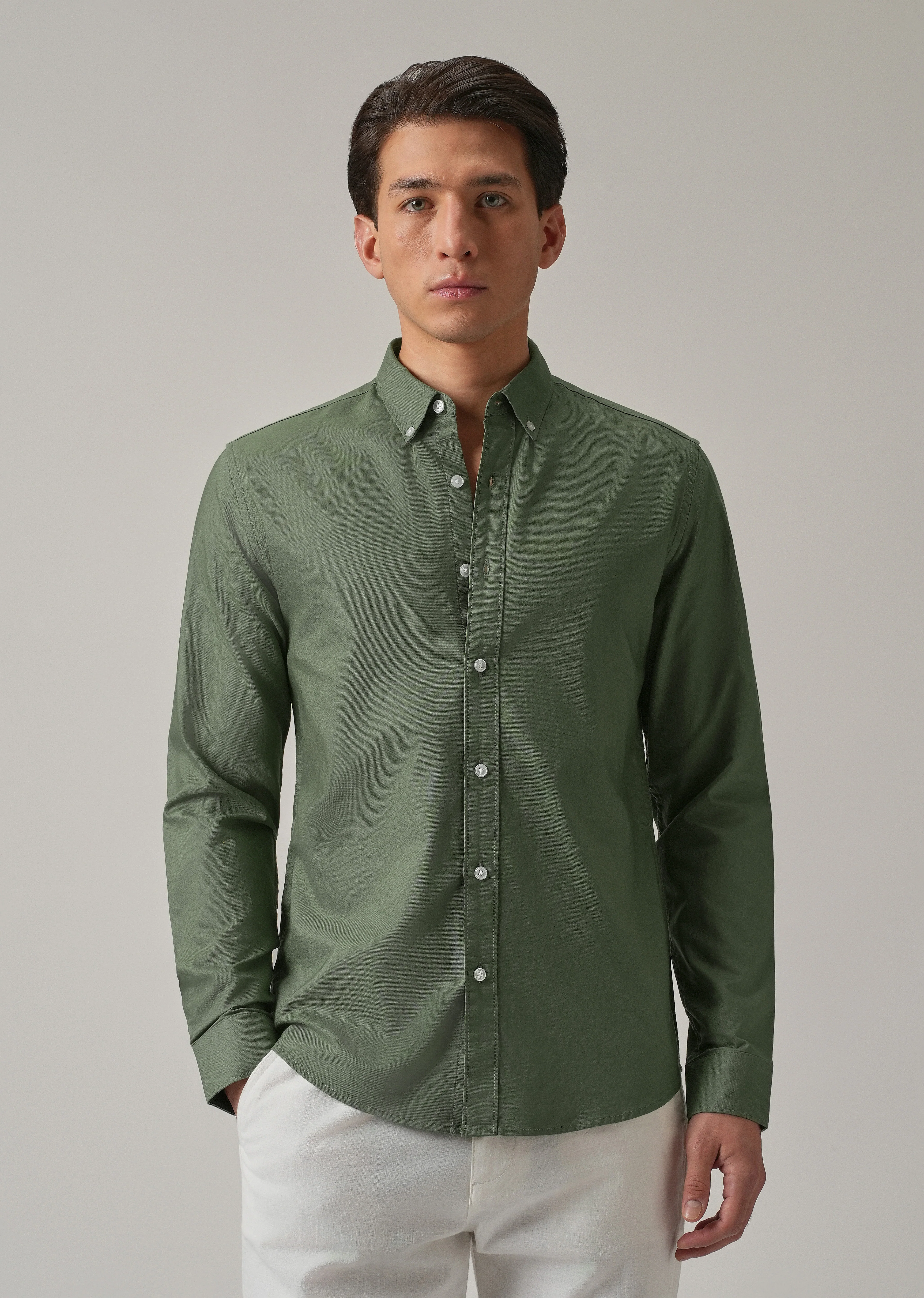 Green Plain Elbow Patch Oxford Shirt - Image 4