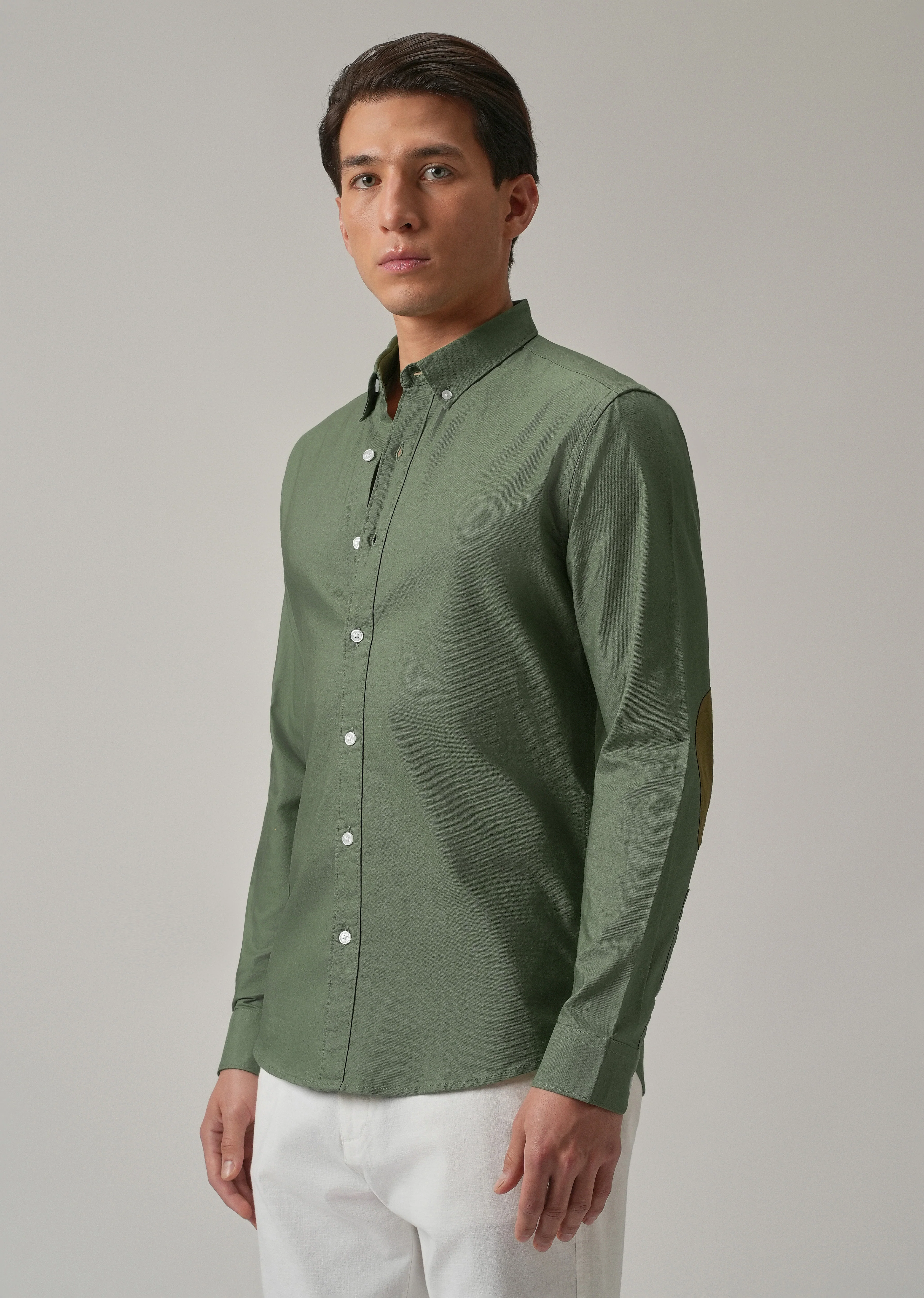 Green Plain Elbow Patch Oxford Shirt - Image 5