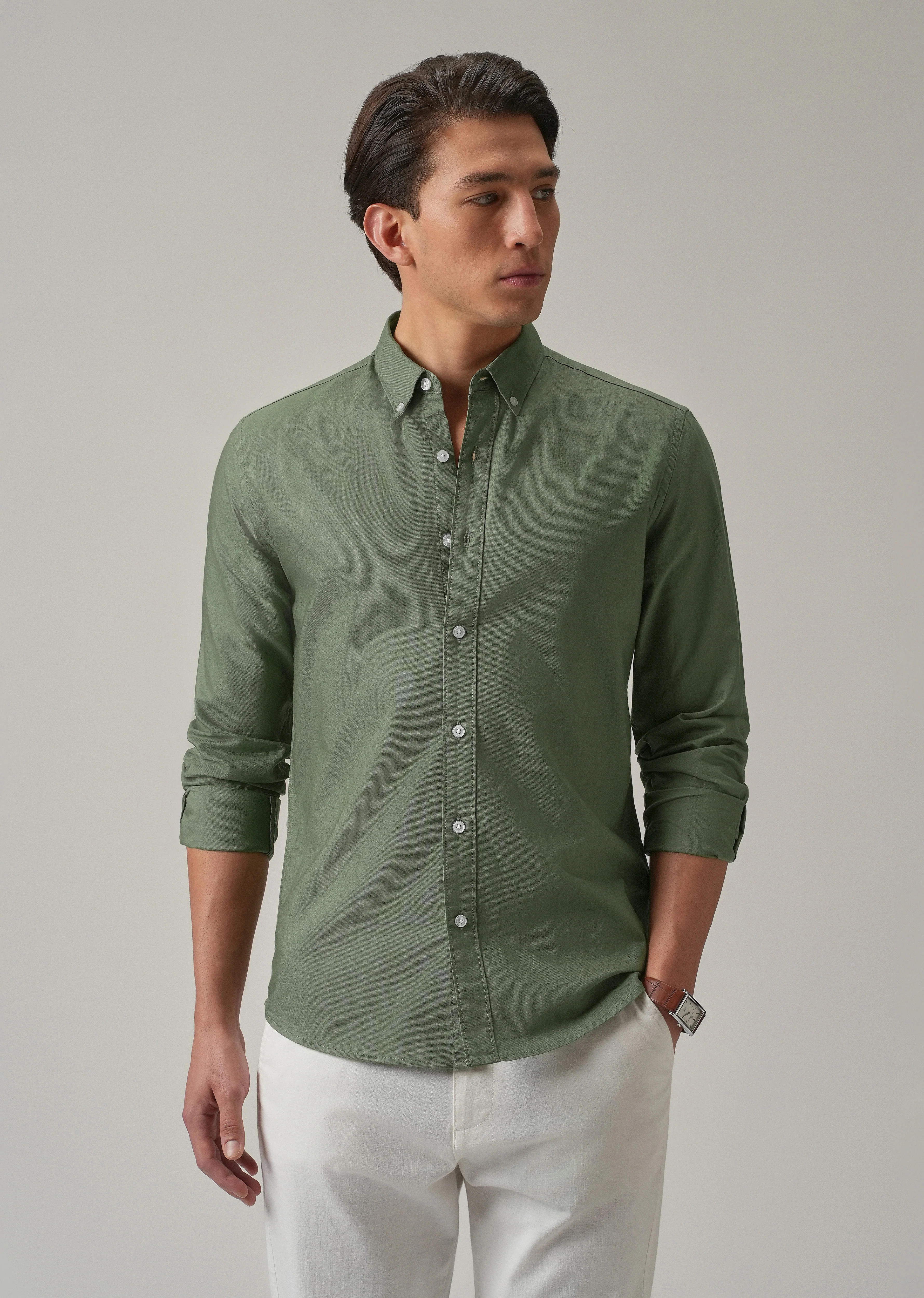 Green Plain Elbow Patch Oxford Shirt - Image 7
