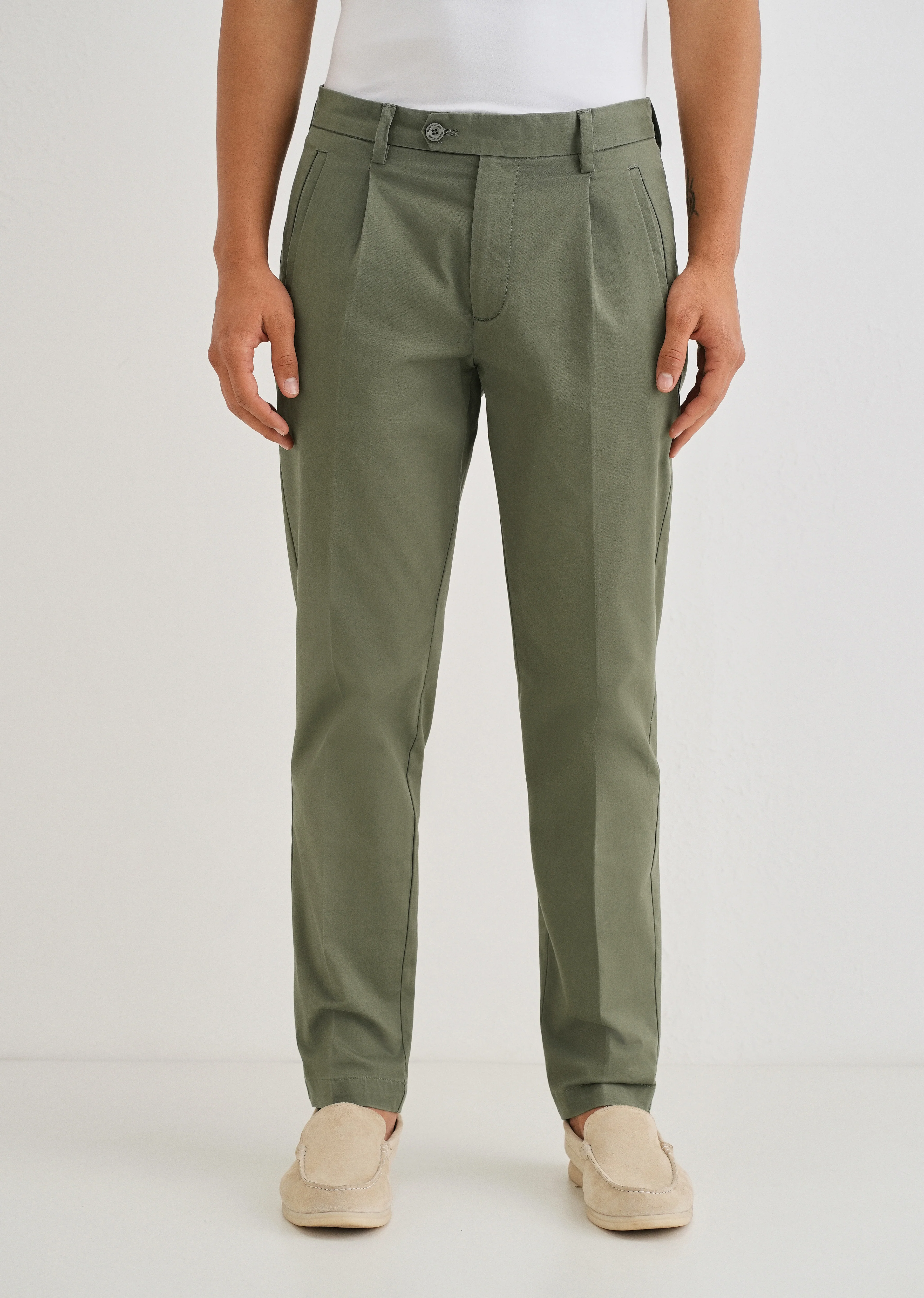 Green Plain Pleated Chinos - Image 3