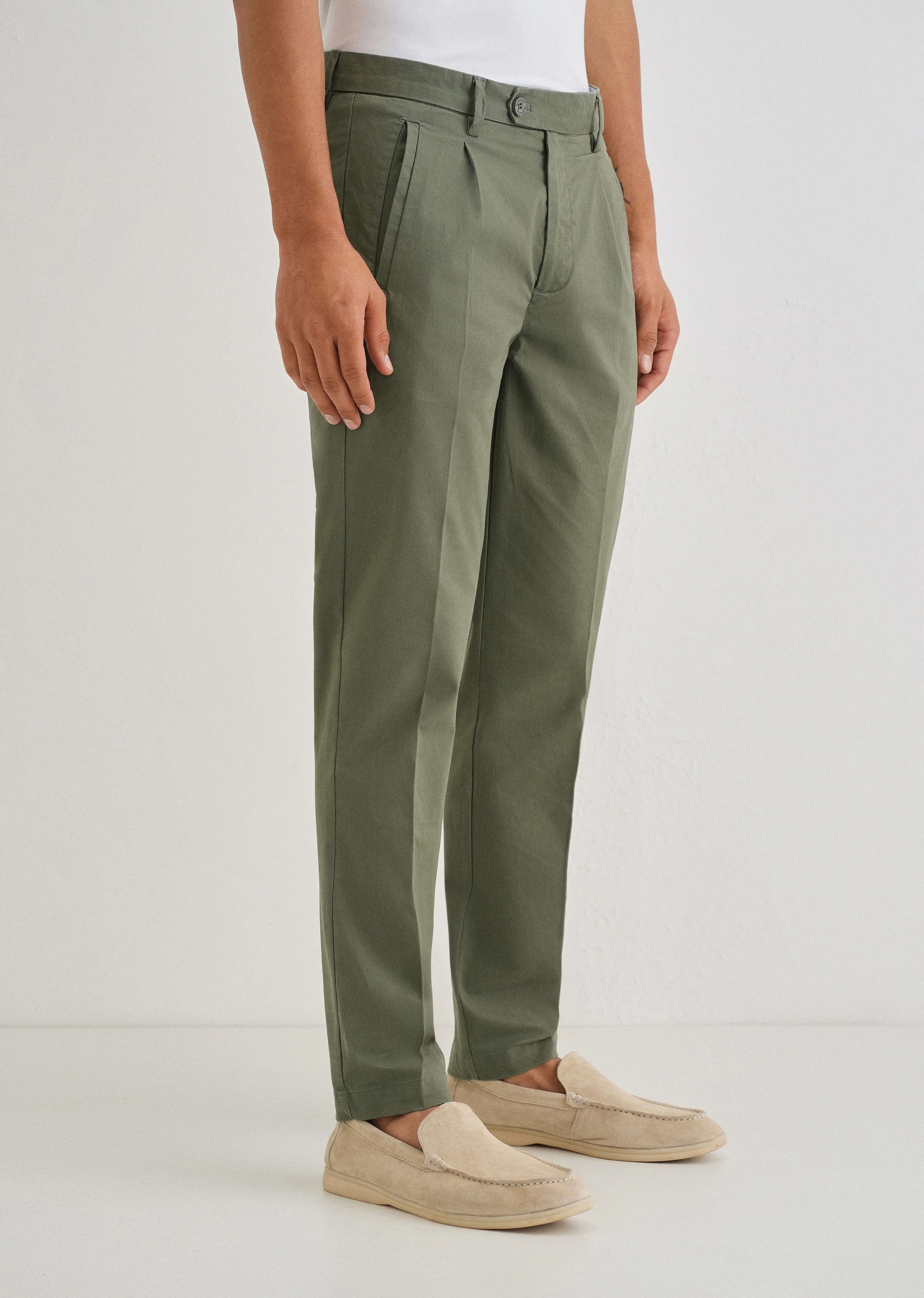 Green Plain Pleated Chinos - Image 4