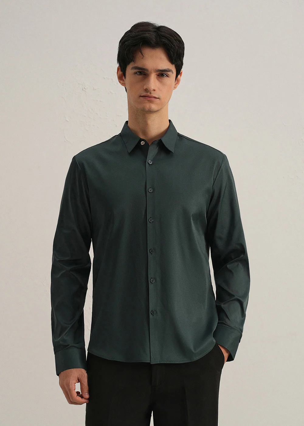 Green Plain Stitchless Placket Shirt - Image 3