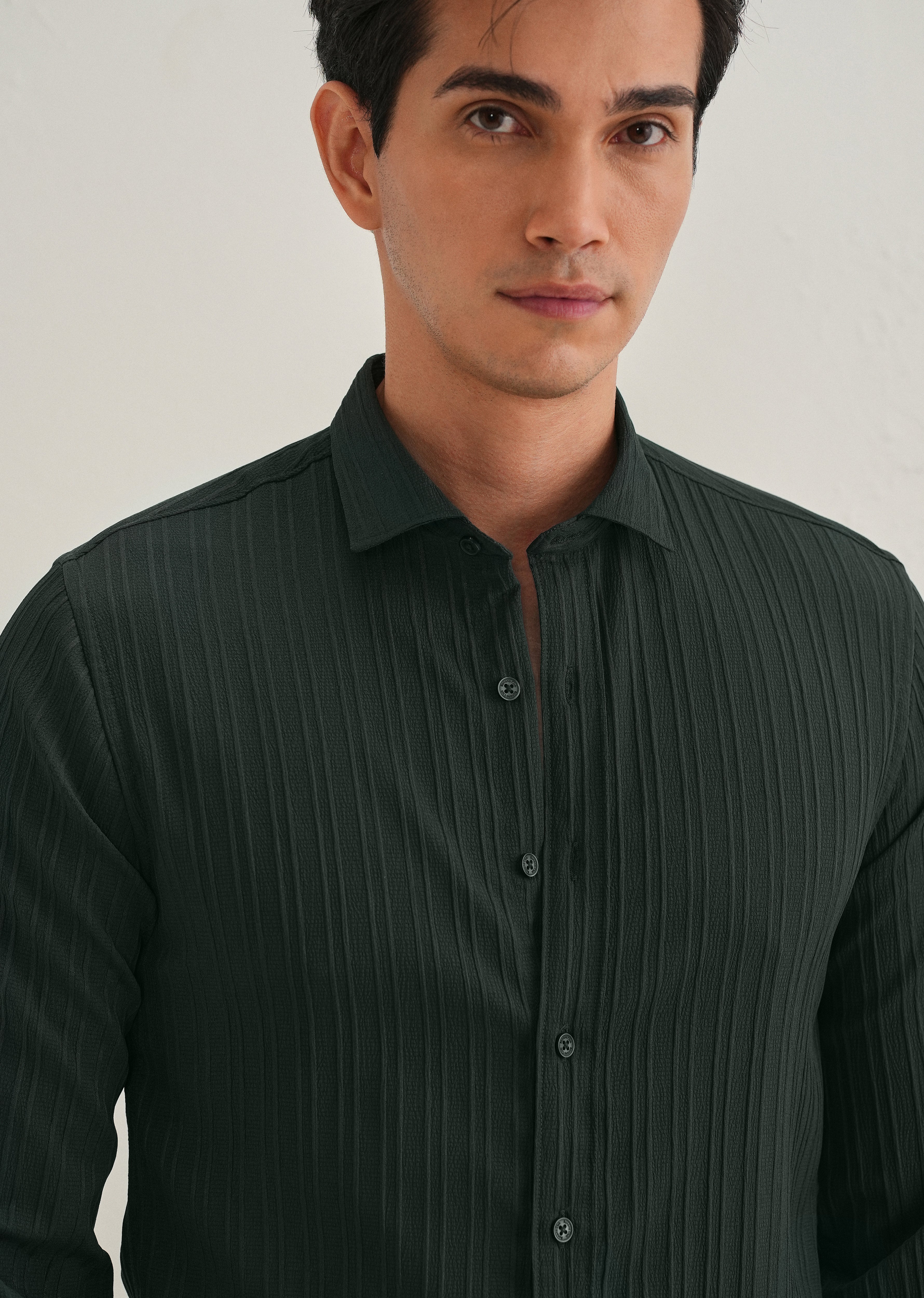 Green Plain Self Striped Shirt - Image 2