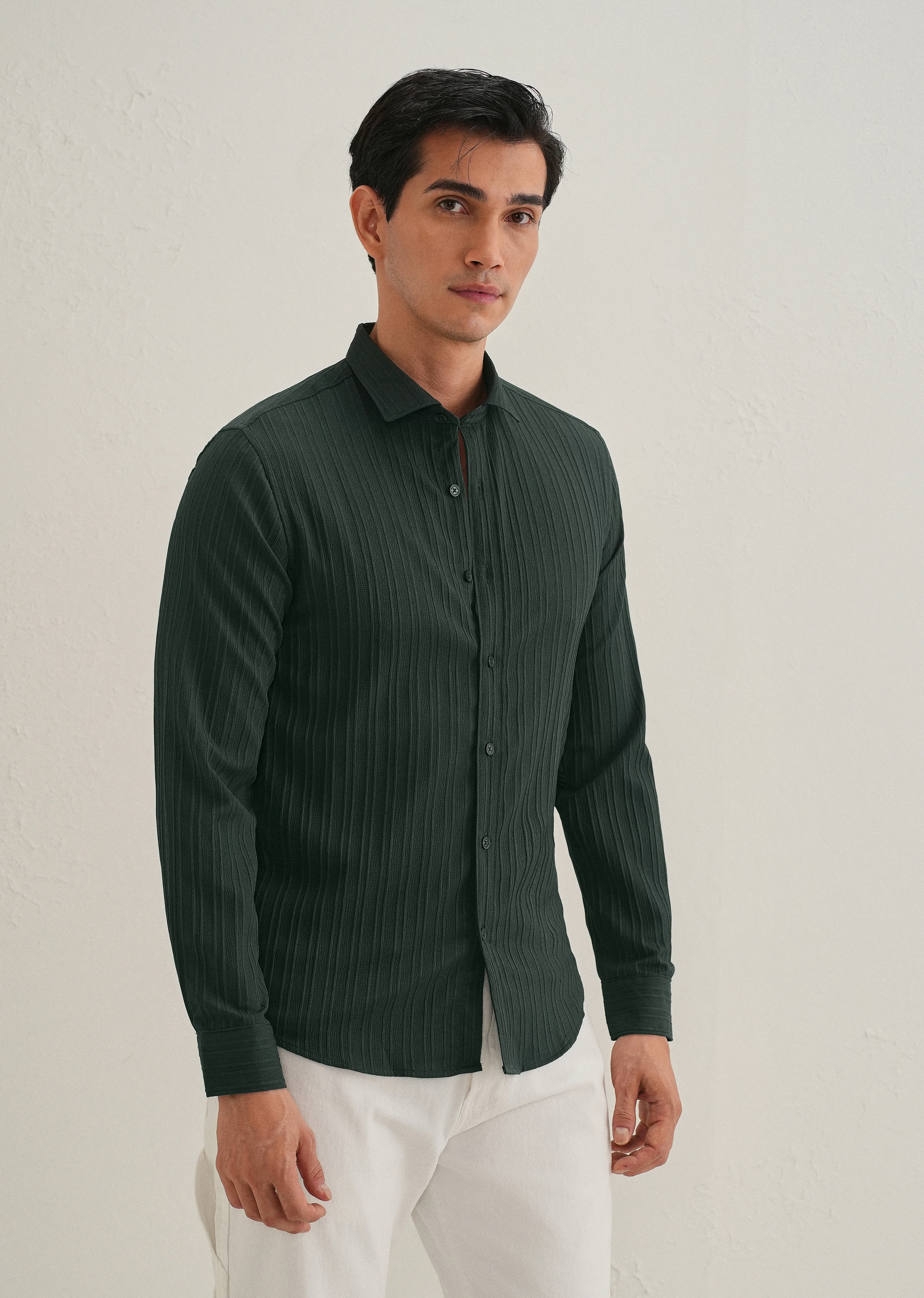 Green Plain Self Striped Shirt - Image 5