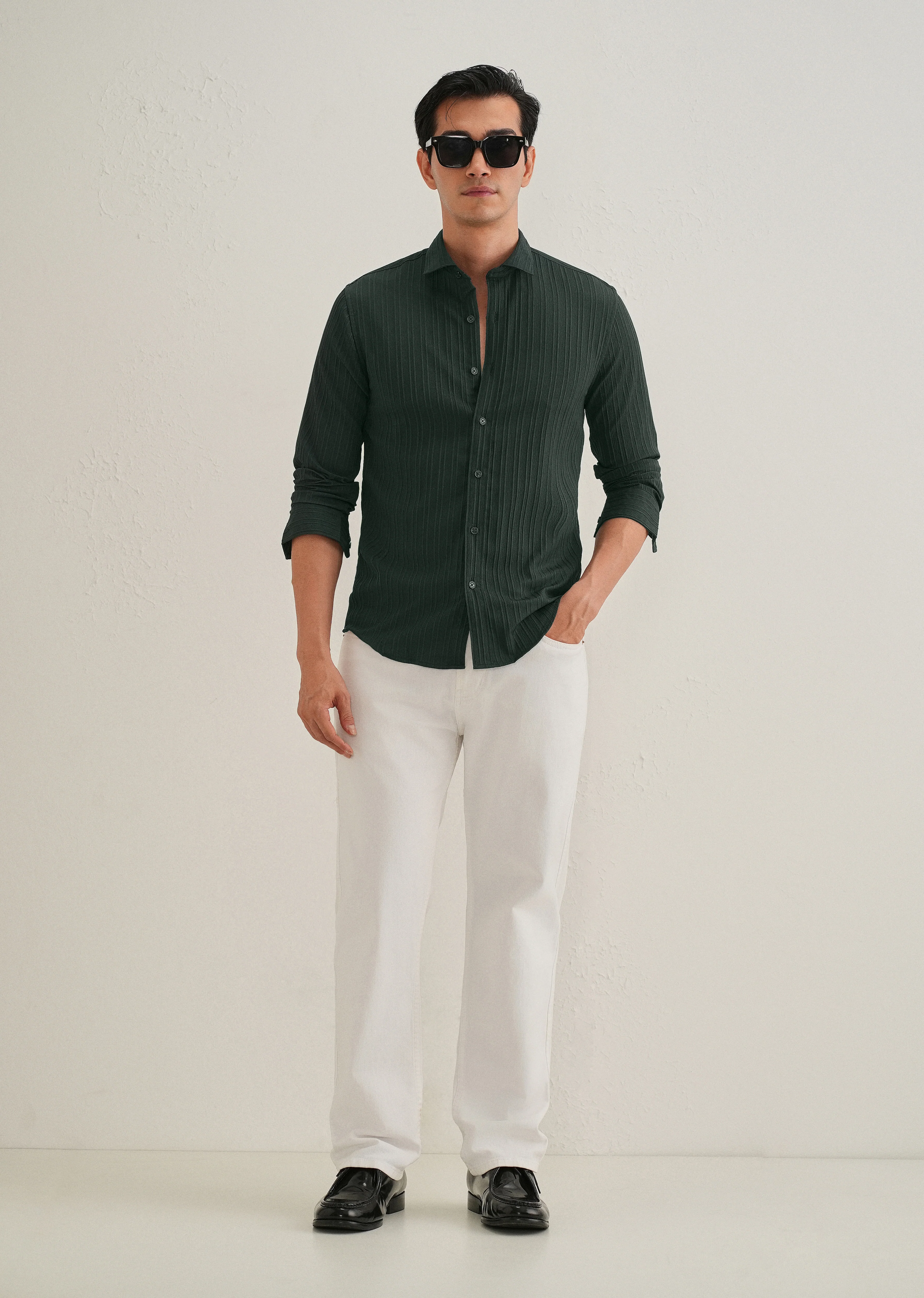 Green Plain Self Striped Shirt - Image 6