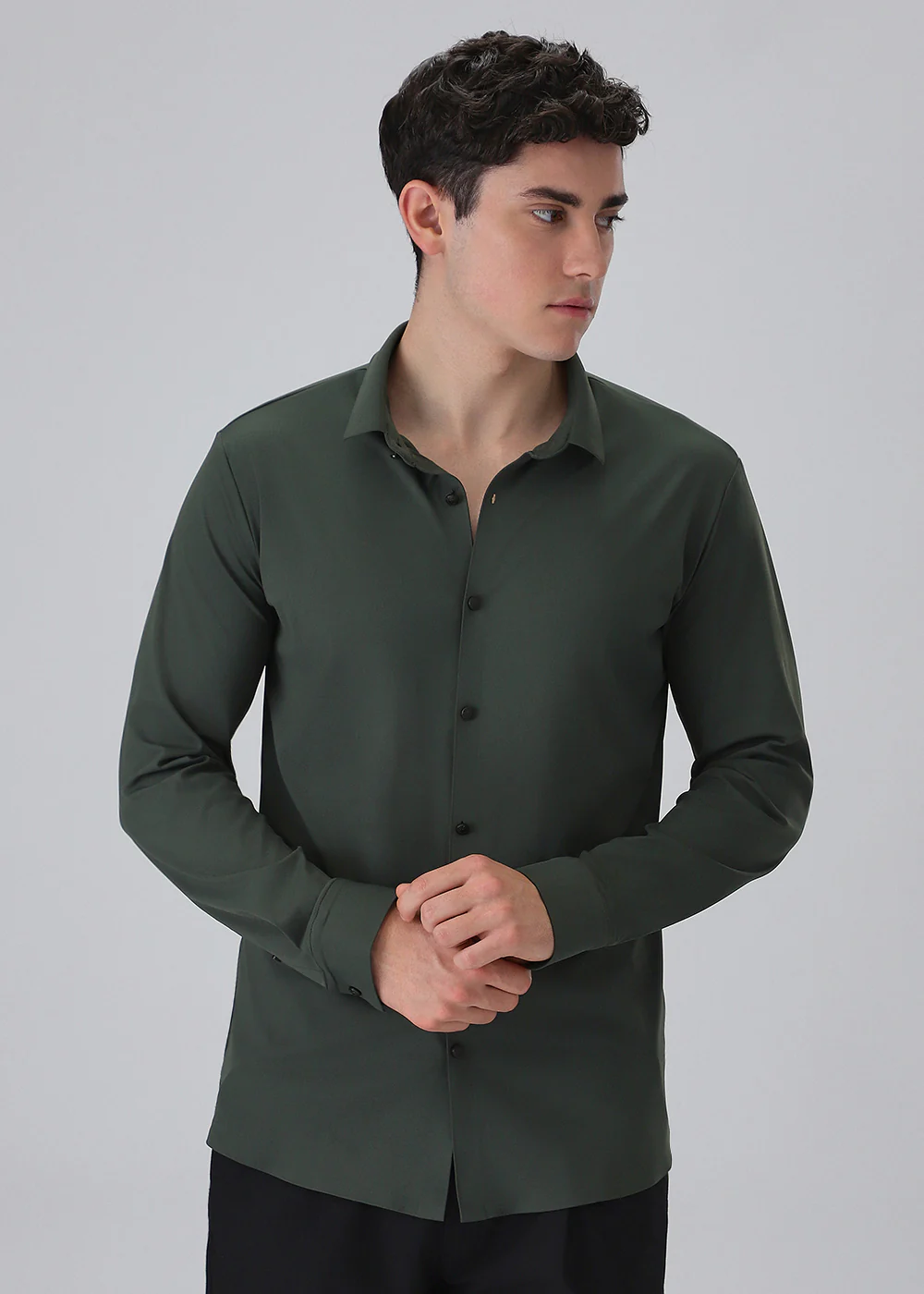 Green Plain Stitchless Stretch Shirt - Image 3