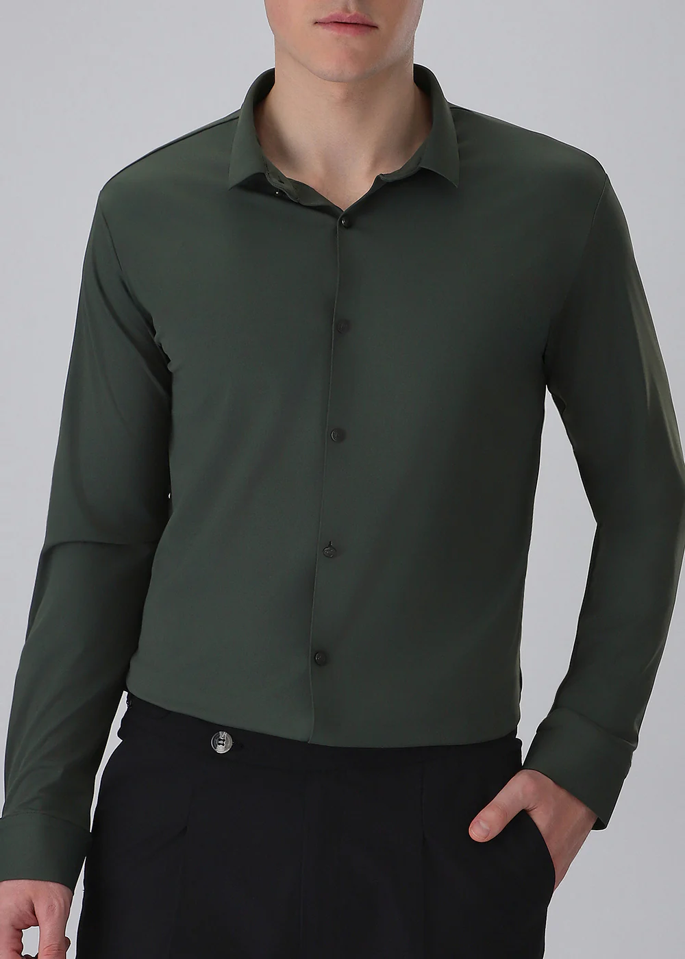 Green Plain Stitchless Stretch Shirt - Image 7