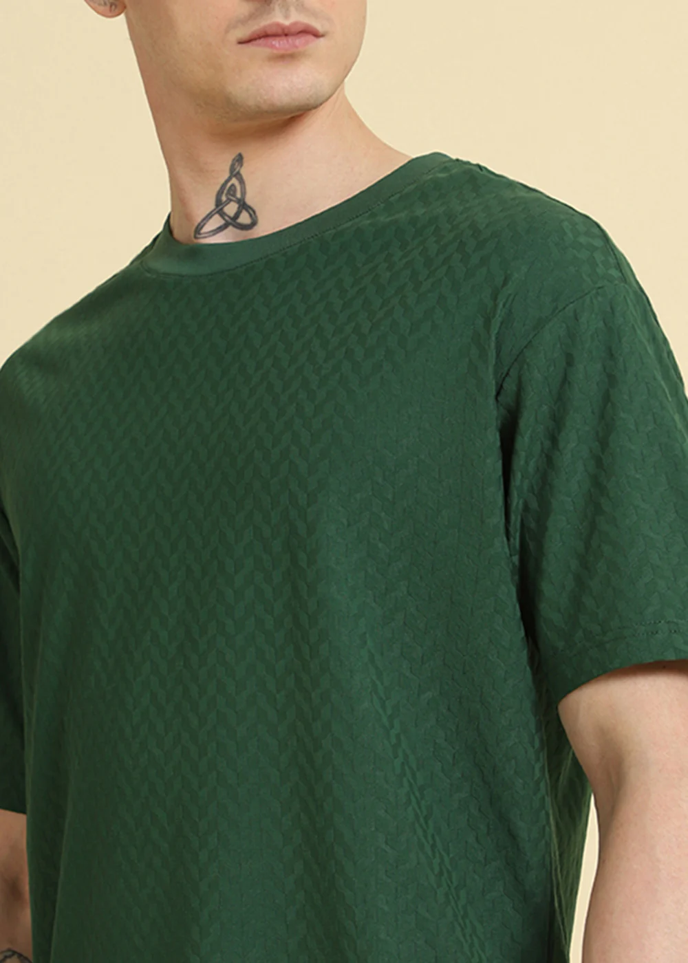 Green Plain Textured Weave Oversized T-shirt - Image 2