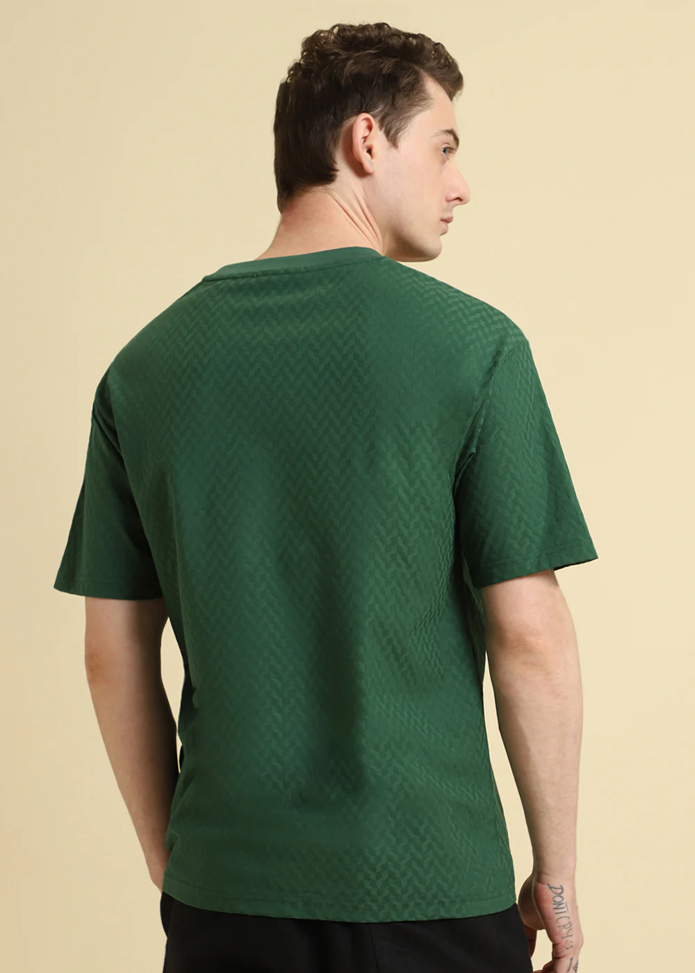 Green Plain Textured Weave Oversized T-shirt - Image 3