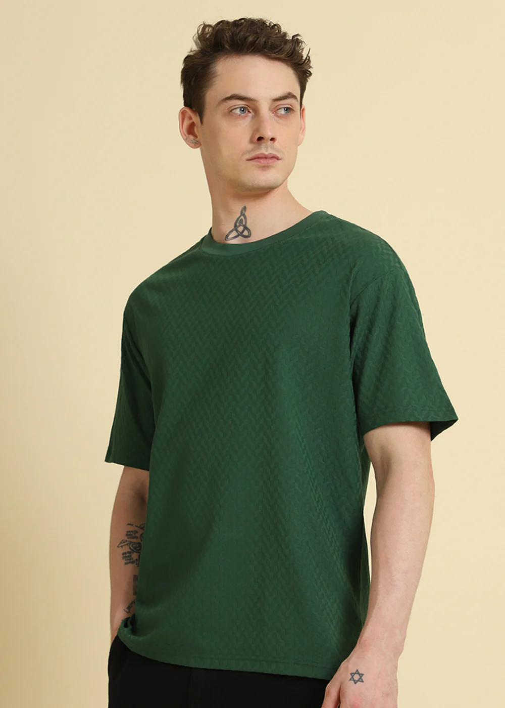 Green Plain Textured Weave Oversized T-shirt - Image 4