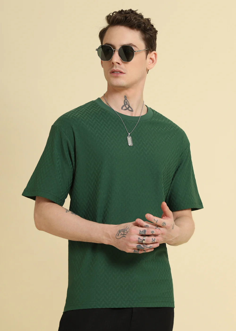 Green Plain Textured Weave Oversized T-shirt - Image 5