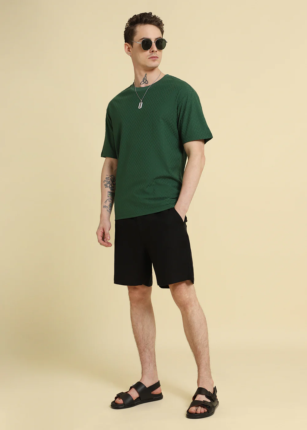 Green Plain Textured Weave Oversized T-shirt - Image 6