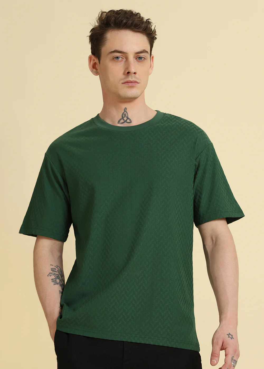 Green Plain Textured Weave Oversized T-shirt - Image 7