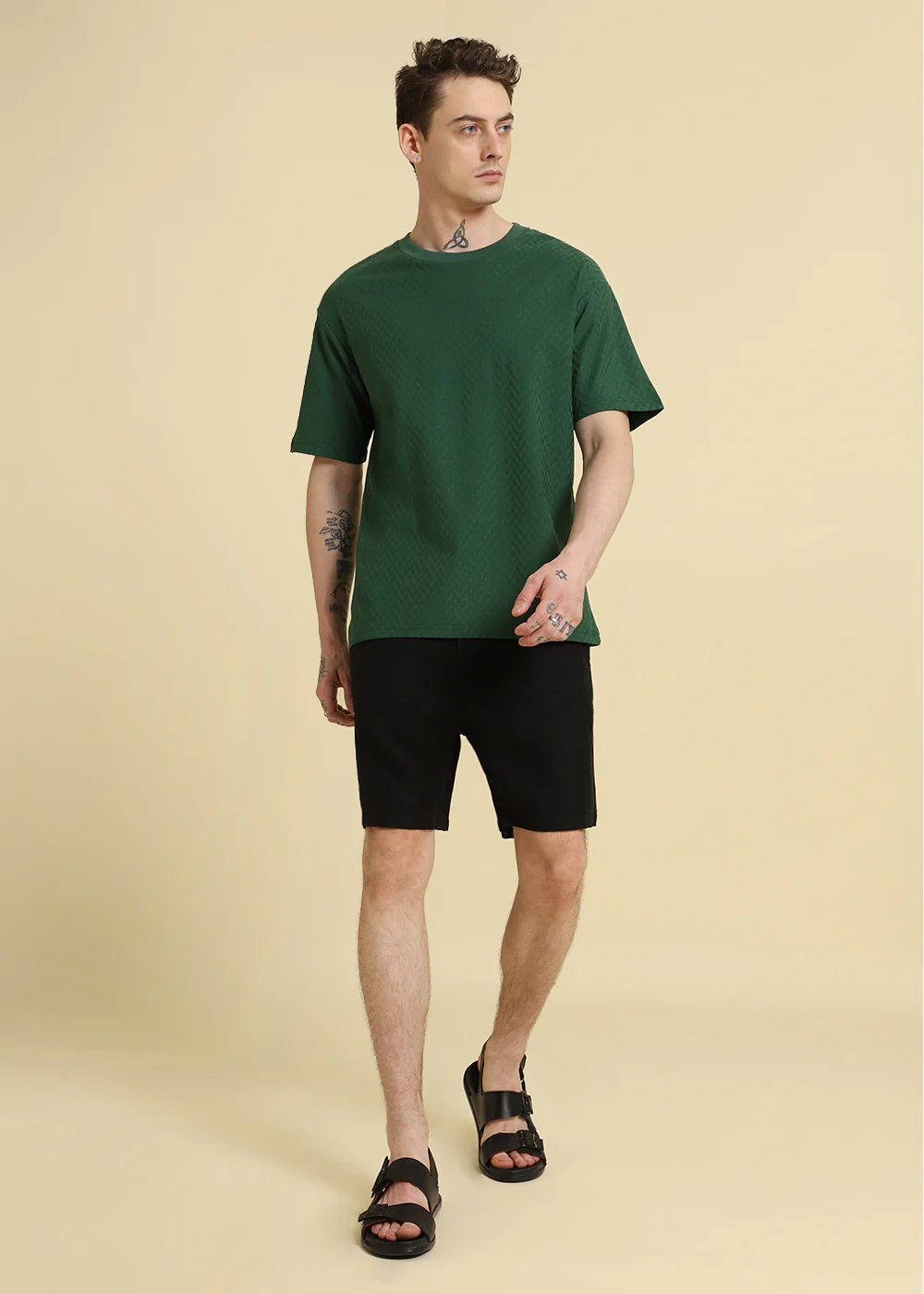 Green Plain Textured Weave Oversized T-shirt - Image 8