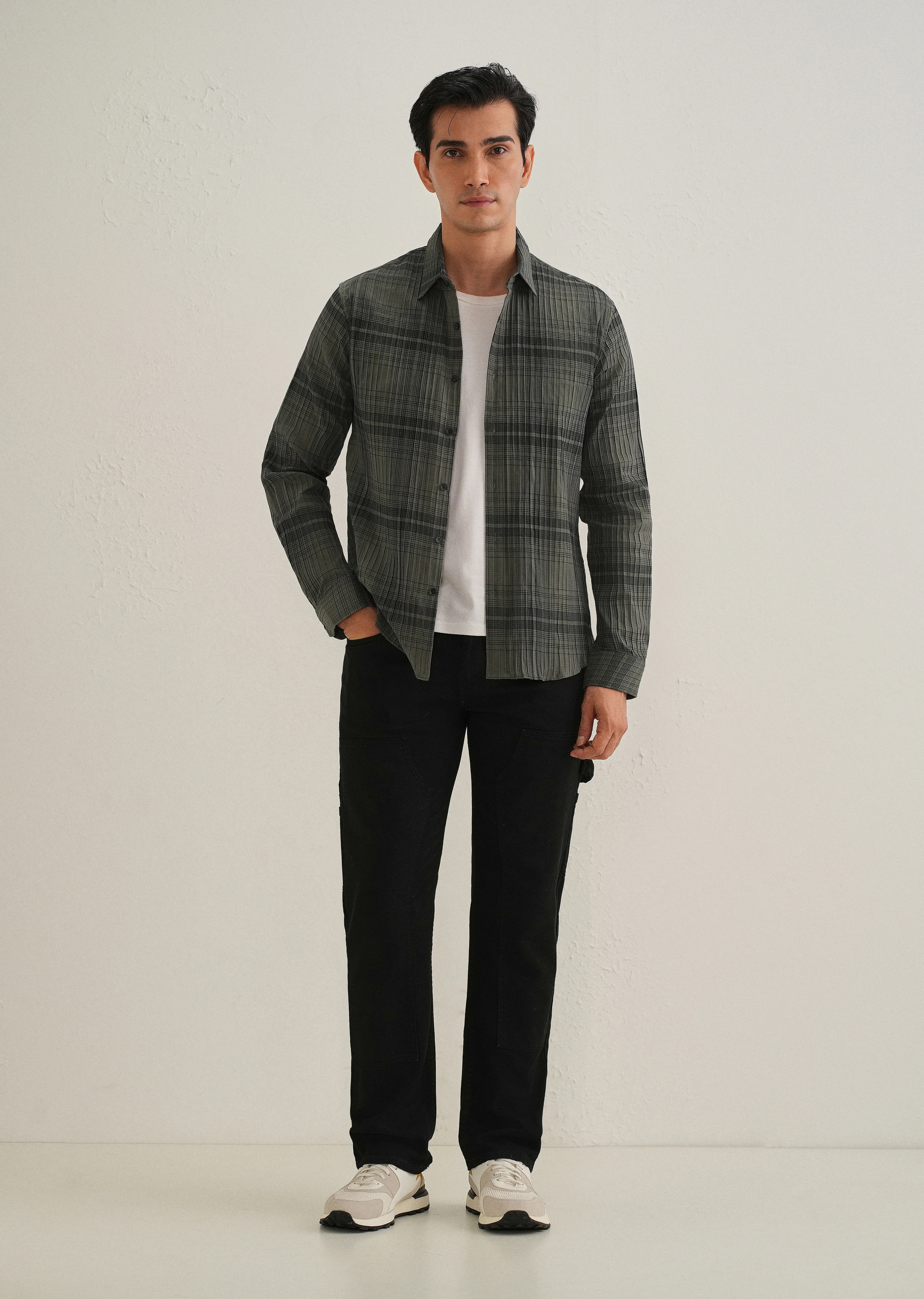 Green Self-Pleated Check Shirt - Image 6