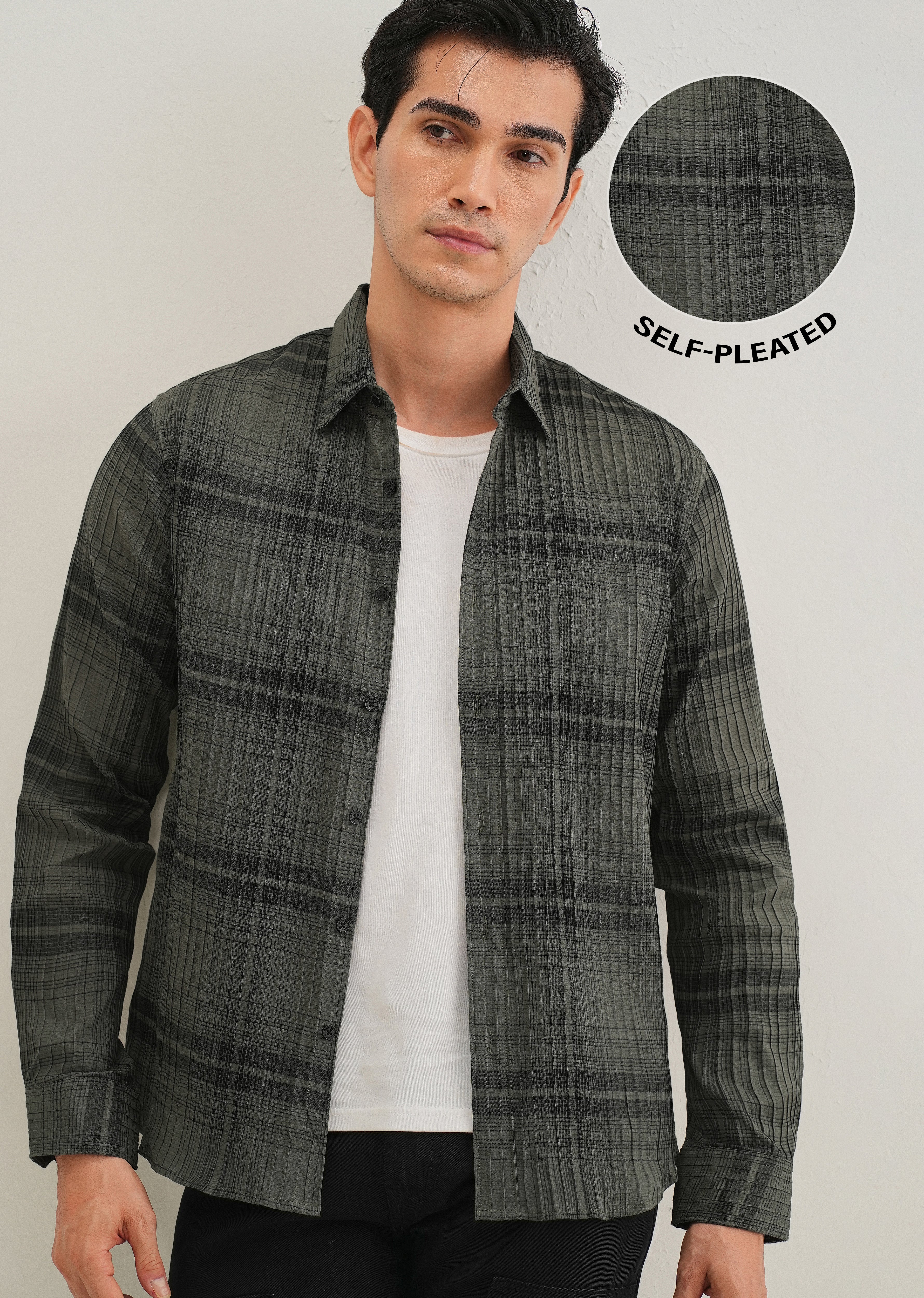 Green Self-Pleated Check Shirt - Image 7