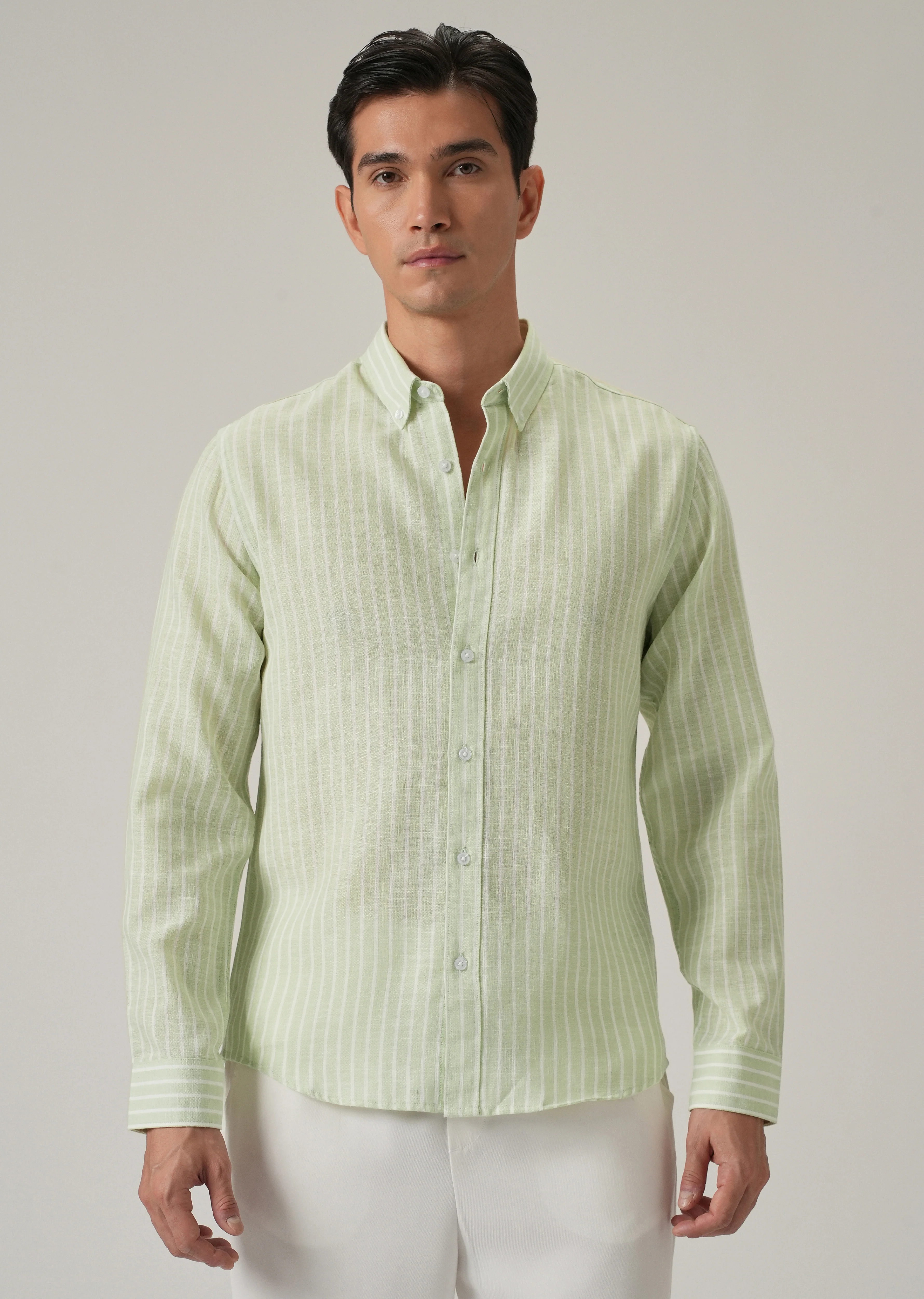 Green Stripe Linen Shirt - Image 3