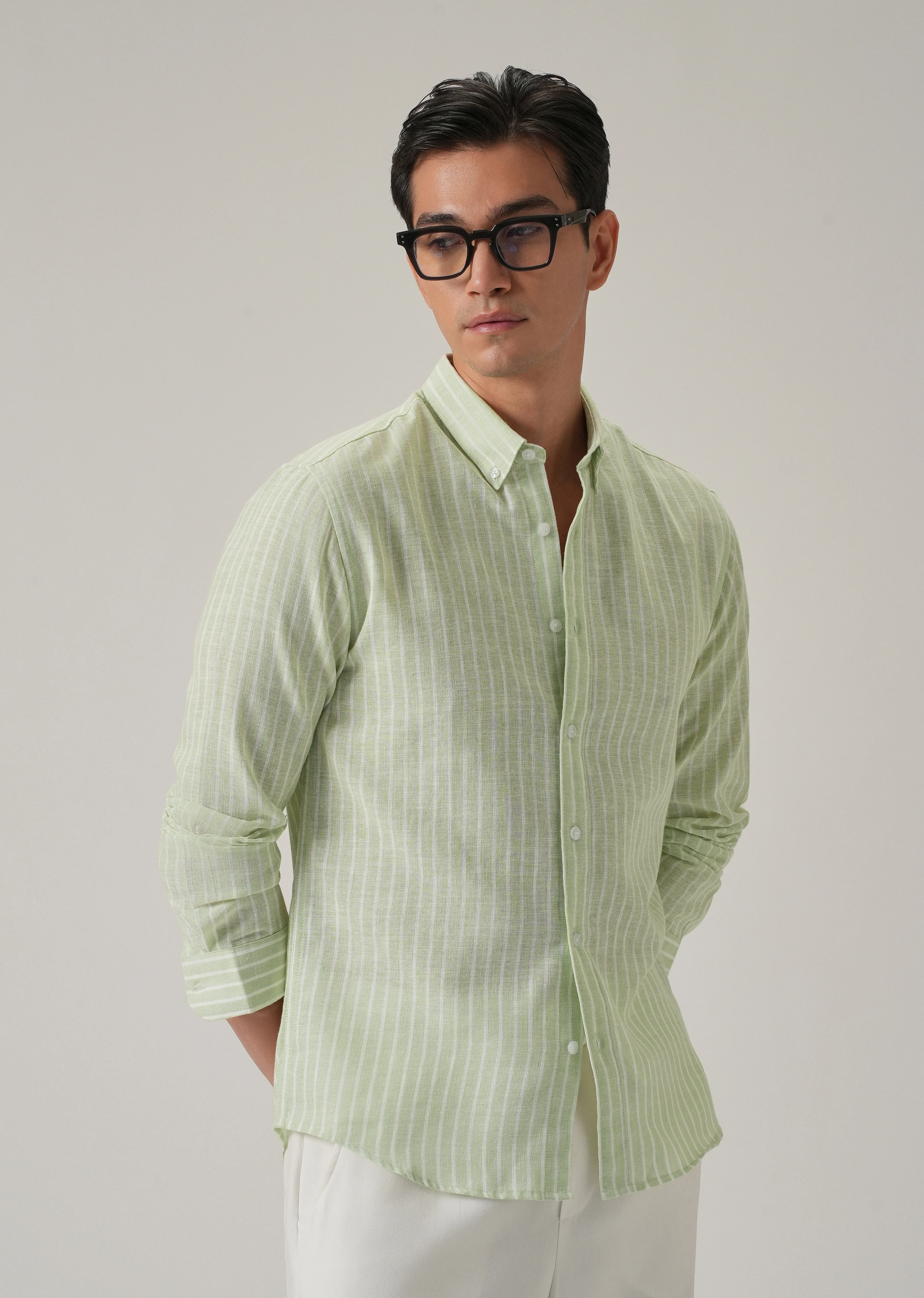 Green Stripe Linen Shirt - Image 6