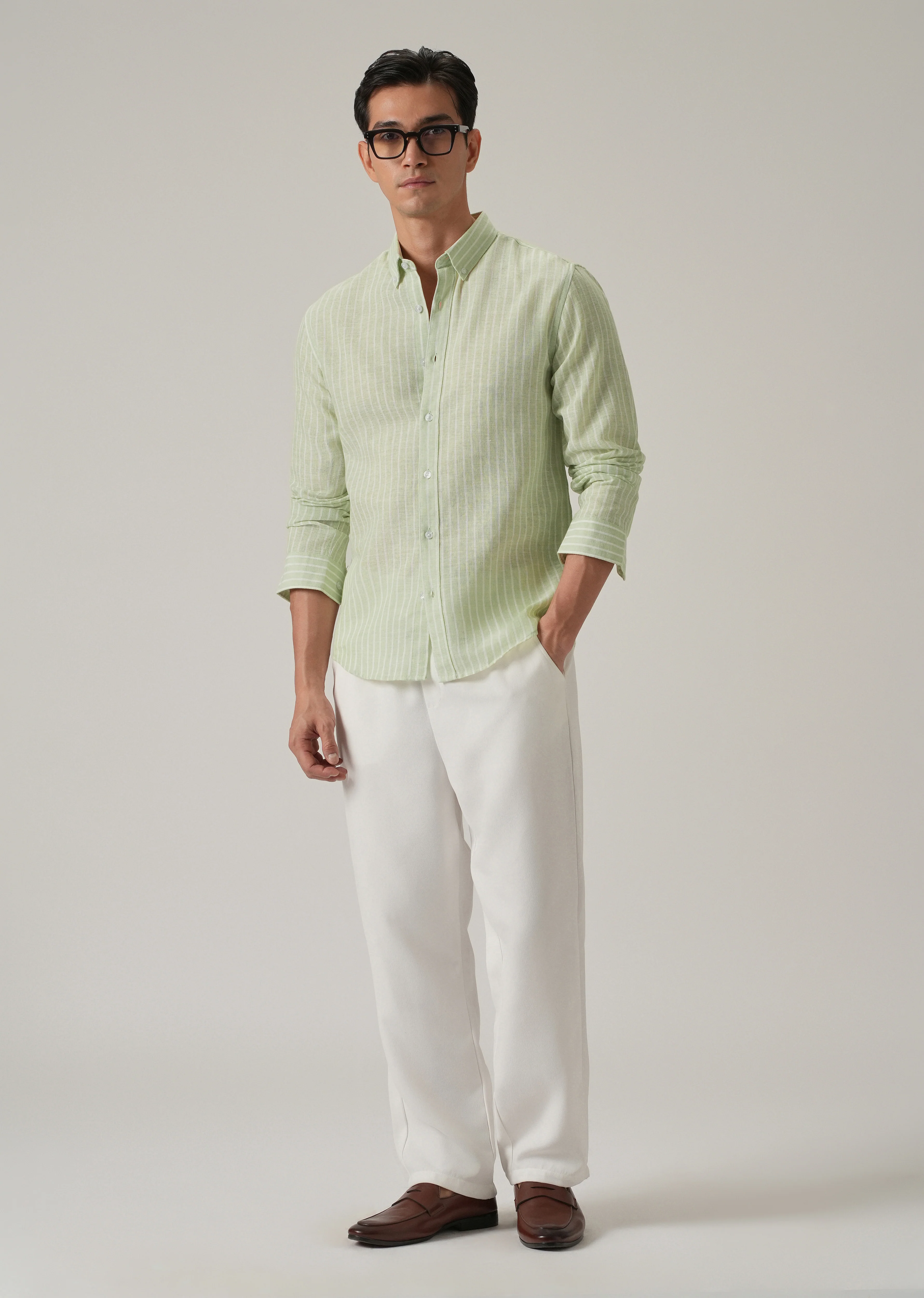 Green Stripe Linen Shirt - Image 7