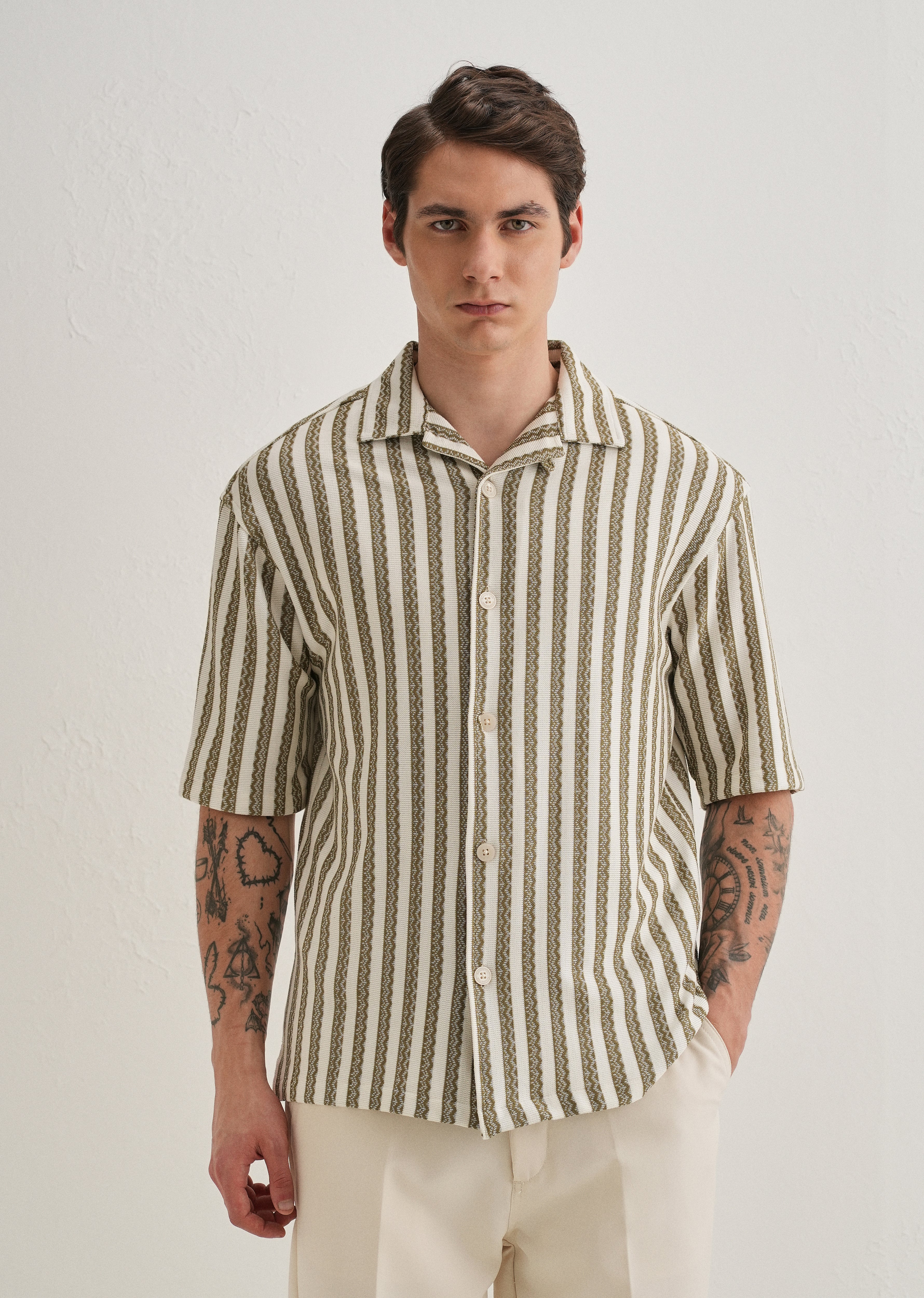 Green Striped Knit Cuban Collar Shirt - Image 3
