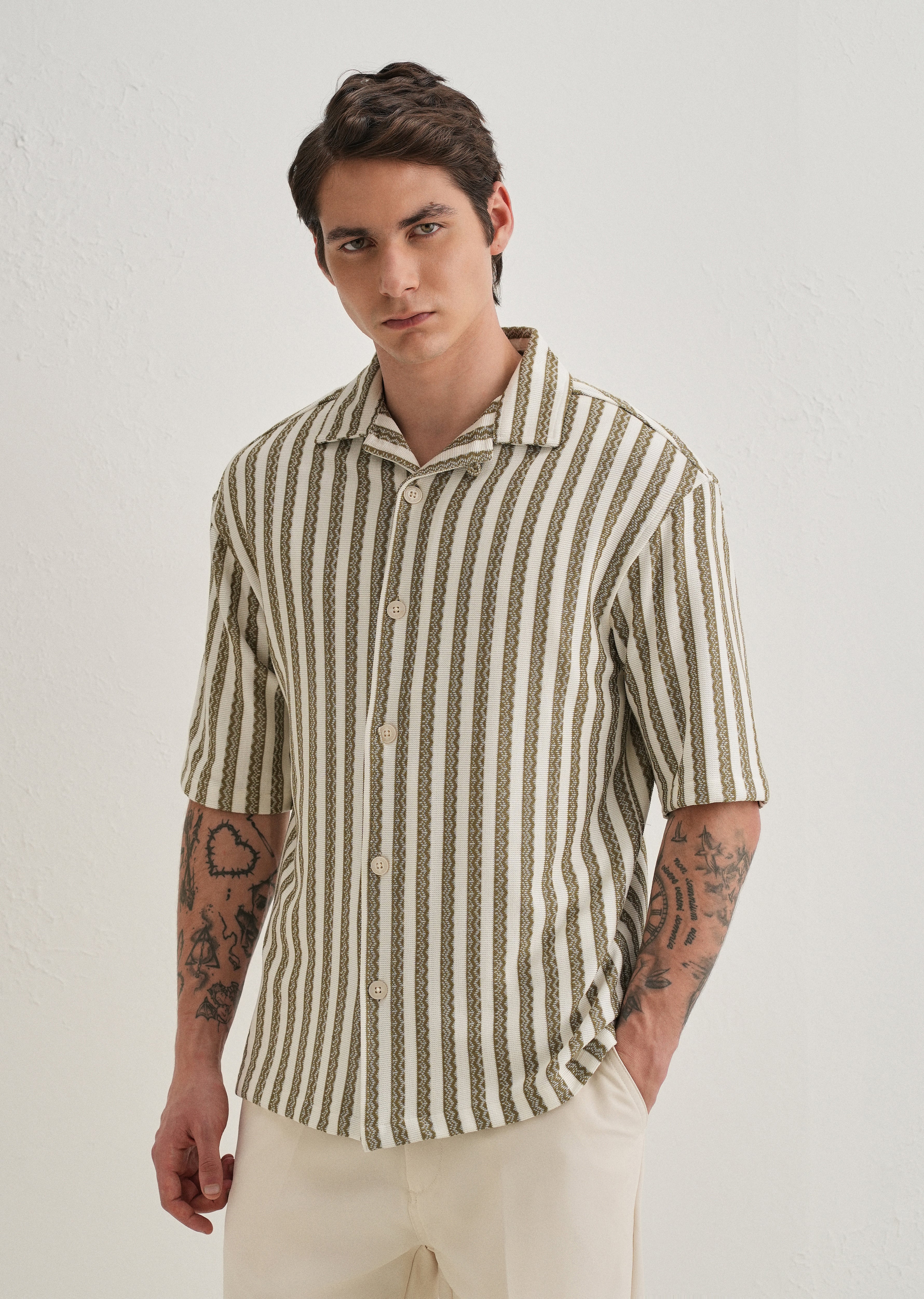 Green Striped Knit Cuban Collar Shirt - Image 4