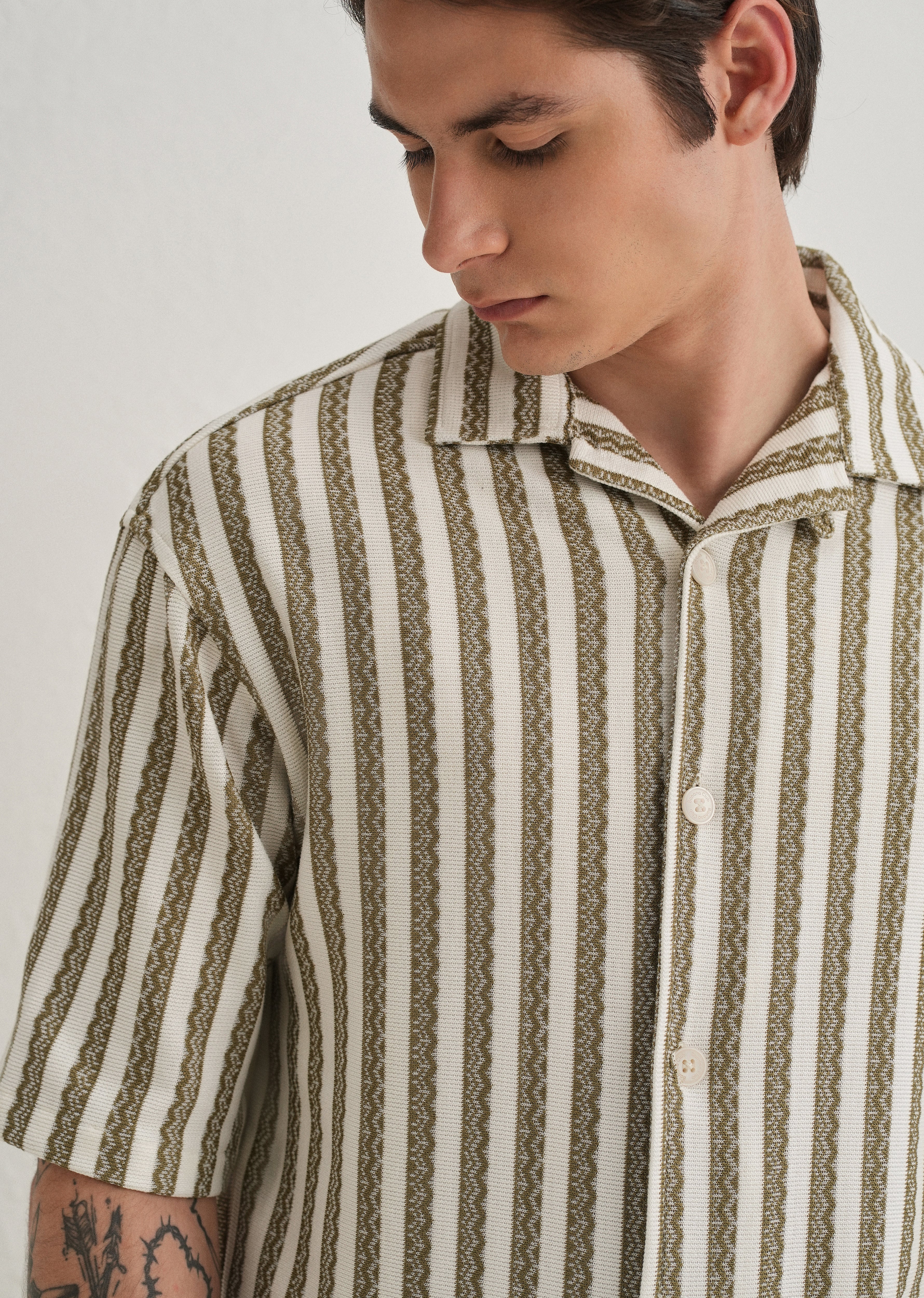 Green Striped Knit Cuban Collar Shirt - Image 5