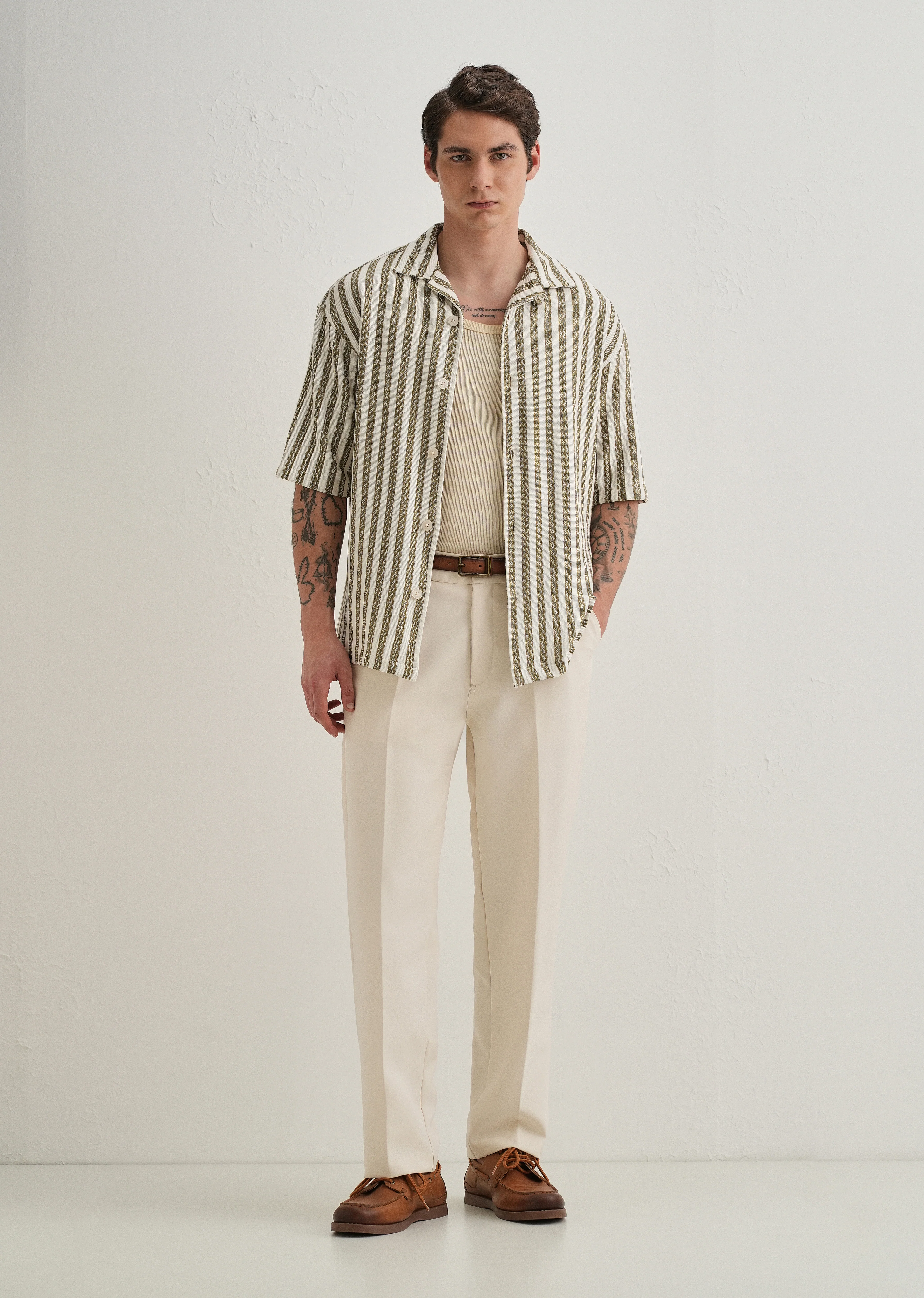 Green Striped Knit Cuban Collar Shirt - Image 6