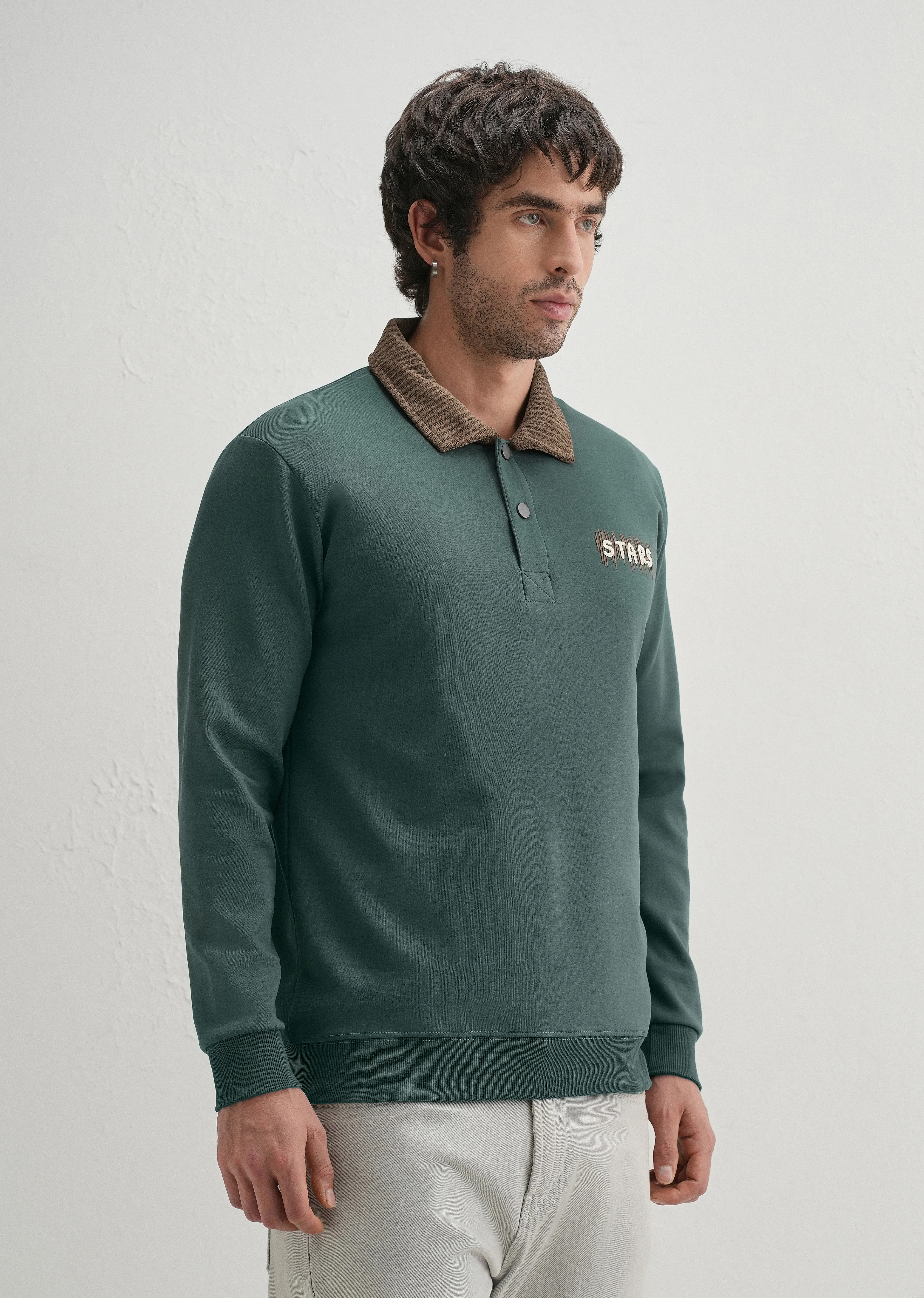 Green Suede Collared Polo Sweatshirt - Image 4