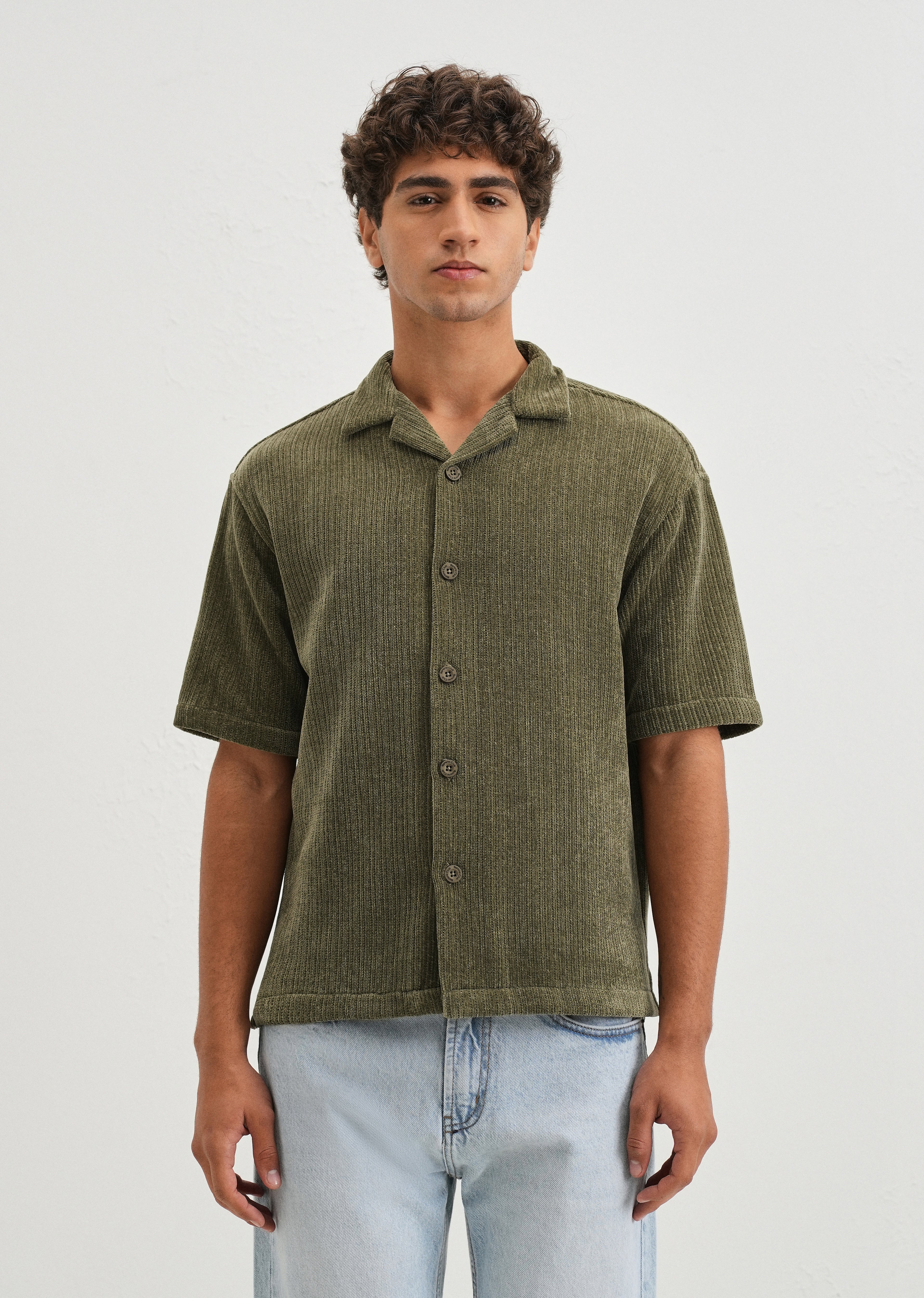 Green Suede Knit Cuban Collar Shirt - Image 3