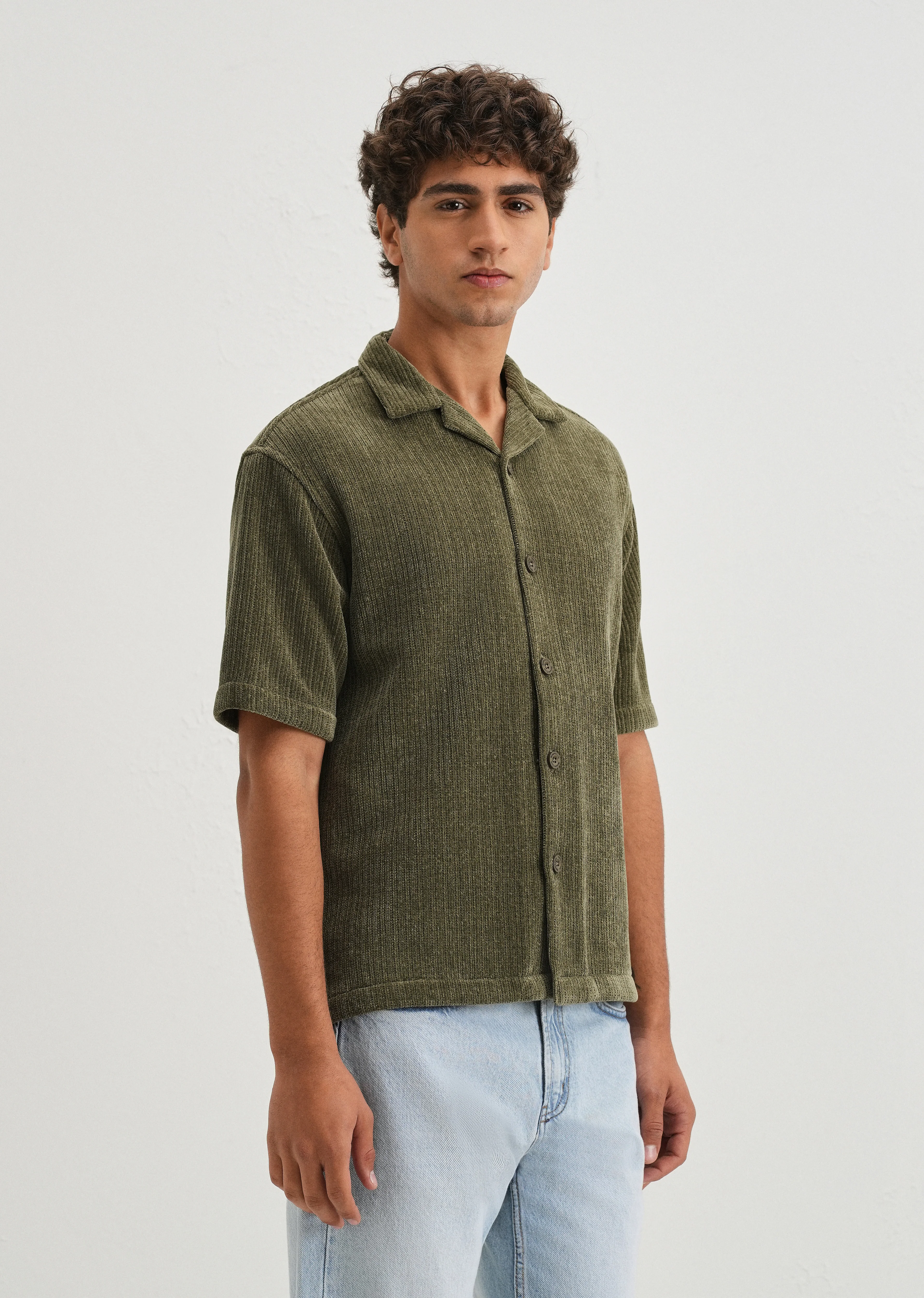 Green Suede Knit Cuban Collar Shirt - Image 4